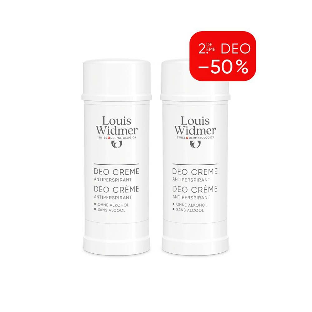 Deux sticks Deo Crème blancs. Logo et nom du produit. Antiperspirant 24h. Sans alcool.