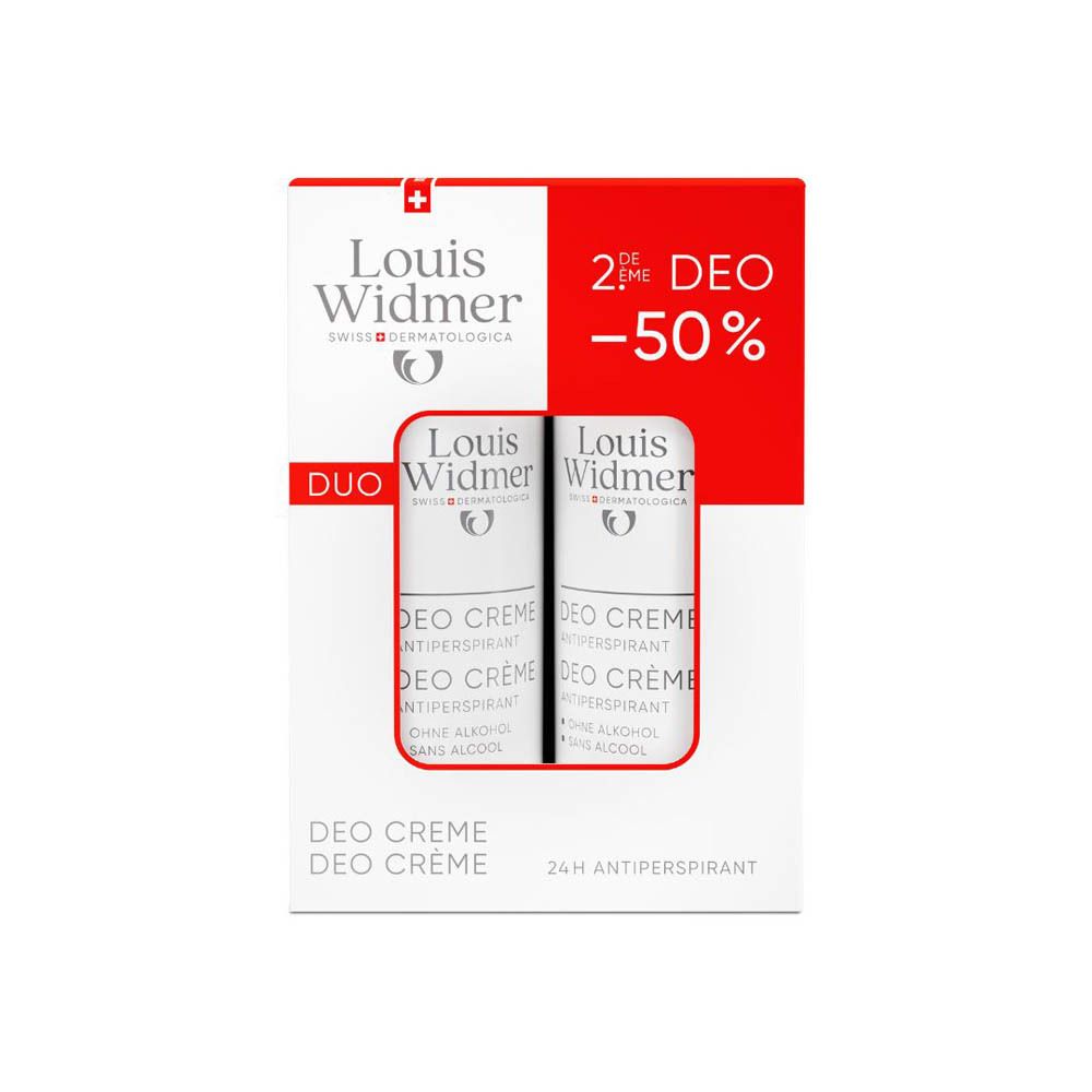Duo-verpakking Louis Widmer Deo Crème. Twee deodorants in witte verpakking. Opschriften: logo, productnaam, Duo, -50%.