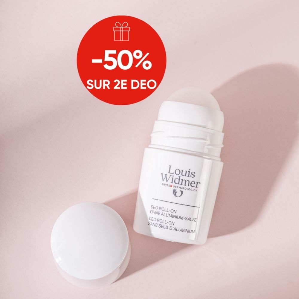 Déodorant roll-on Louis Widmer aux sels d'aluminium. Flacon blanc avec capuchon blanc.