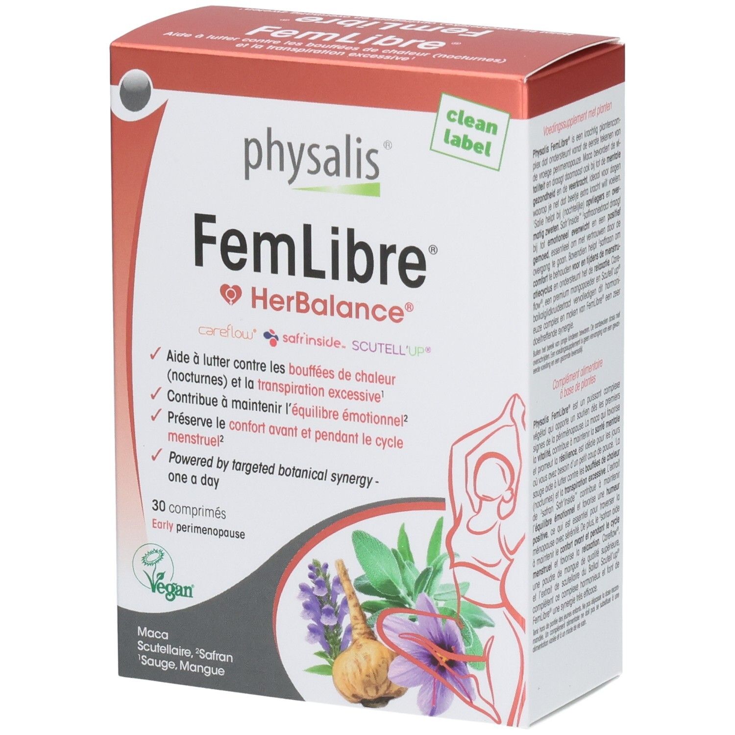 Boîte de Physalis FemLibre. Contient 30 comprimés. Label végan. Inscription: HerBalance, clean label.