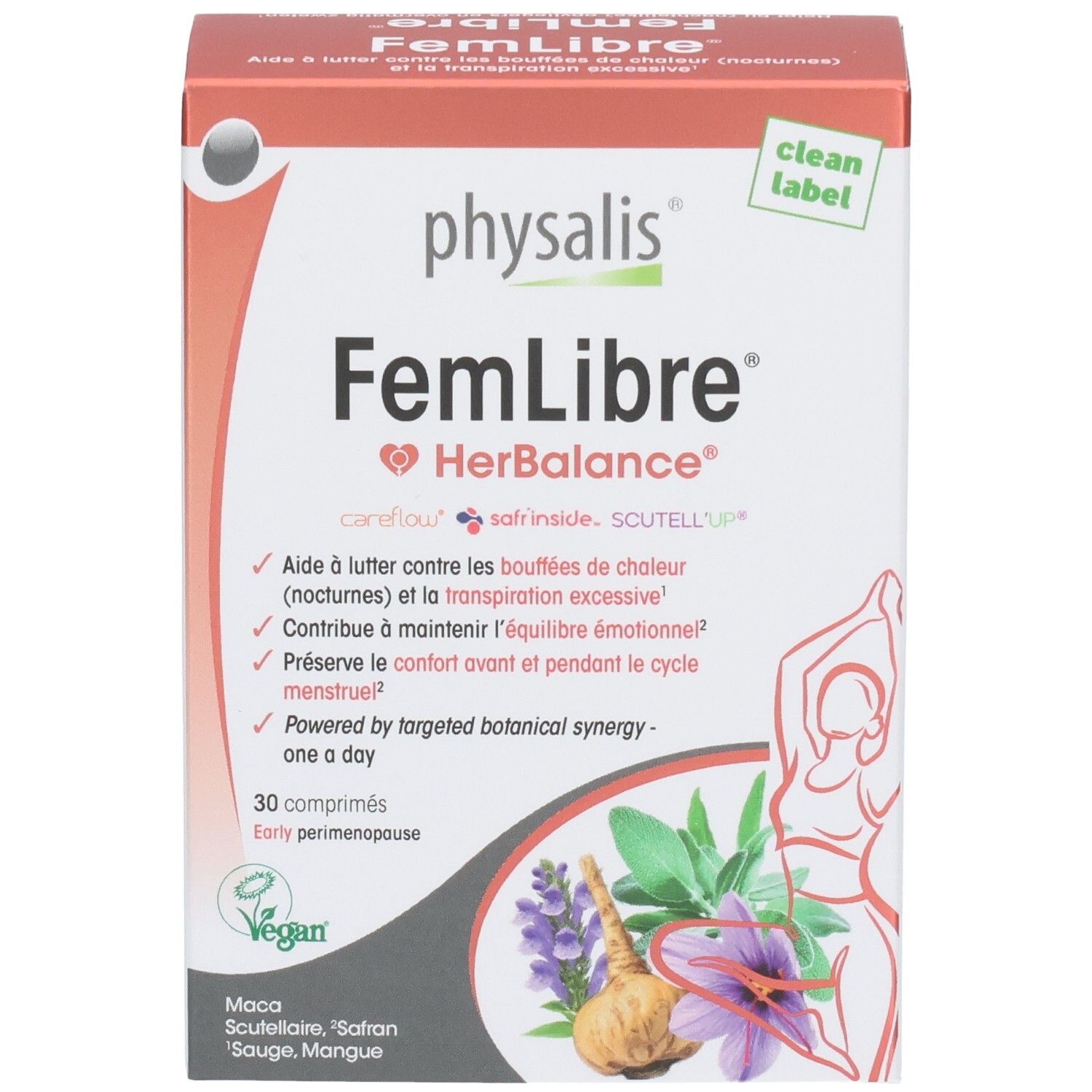Boîte Physalis FemLibre. Contient 30 comprimés. Label végan. Inscription: HerBalance, clean label.