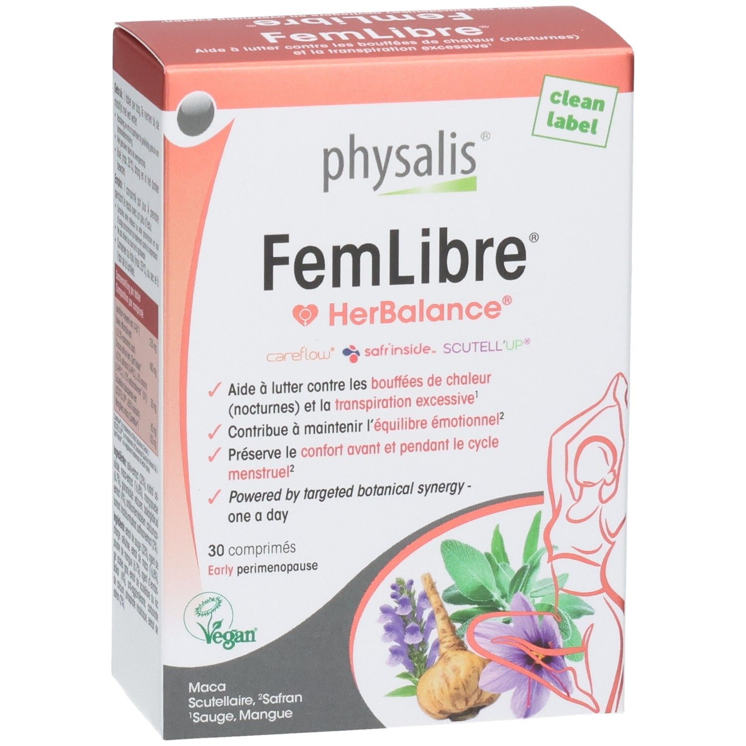 Boîte Physalis FemLibre. Contient 30 comprimés. Label végan. Inscription: HerBalance, clean label.