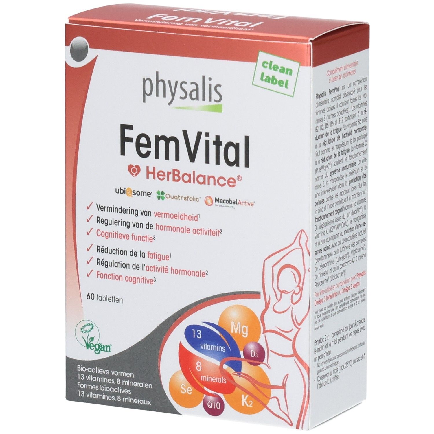 Boîte en carton Physalis FemVital. Inscription: FemVital HerBalance, 60 comprimés. Label vegan. Diagramme avec vitamines et minéraux.