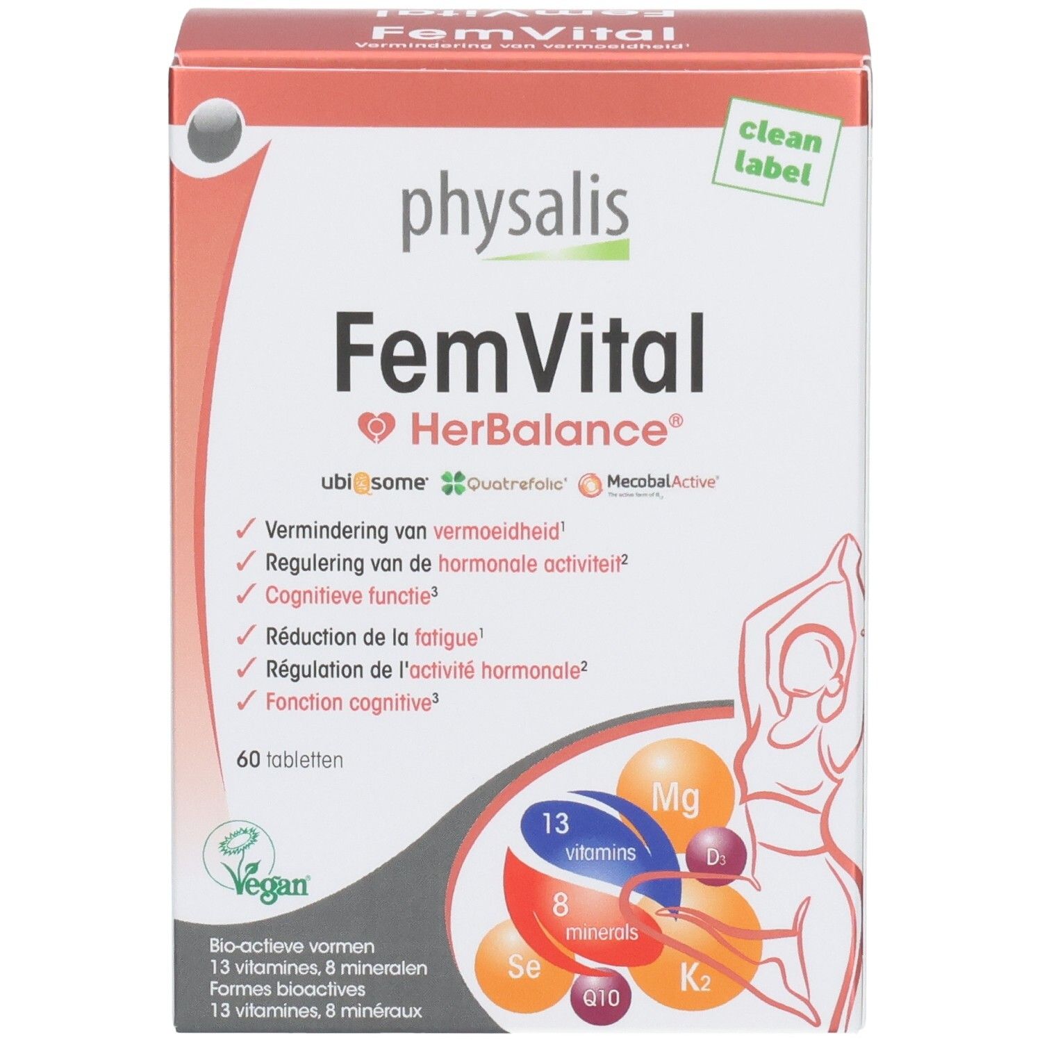 Boîte en carton Physalis FemVital. Inscription: FemVital HerBalance, 60 comprimés. Label vegan. Diagramme avec vitamines et minéraux.