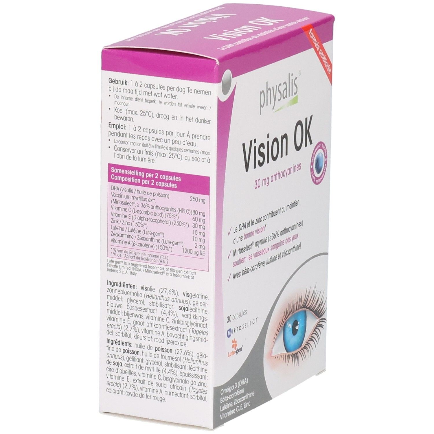 Physalis Vision OK Capsules: Verpakking met oogmotief en productinformatie.