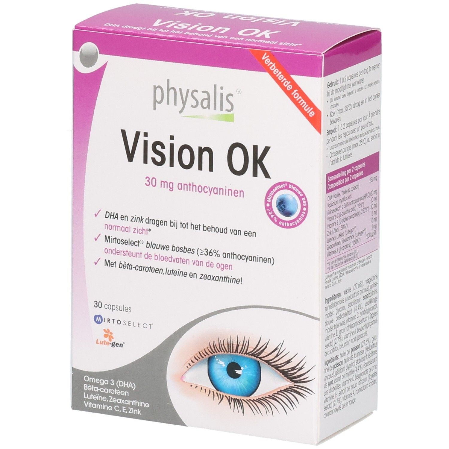 Physalis Vision OK Capsules: Voorkant van de verpakking met oogmotief en 30 capsules.