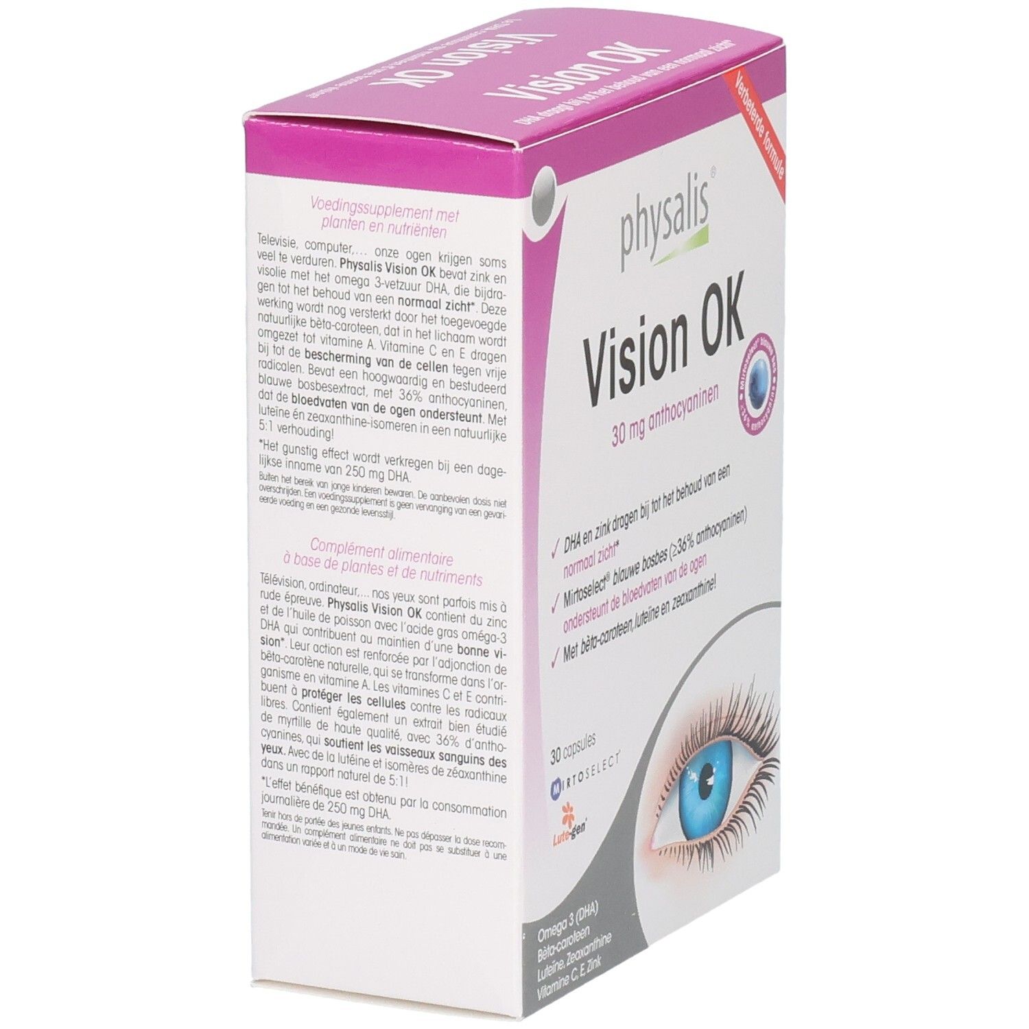 Physalis Vision OK Capsules: Zijaanzicht van de verpakking met gedetailleerde ingrediënten.