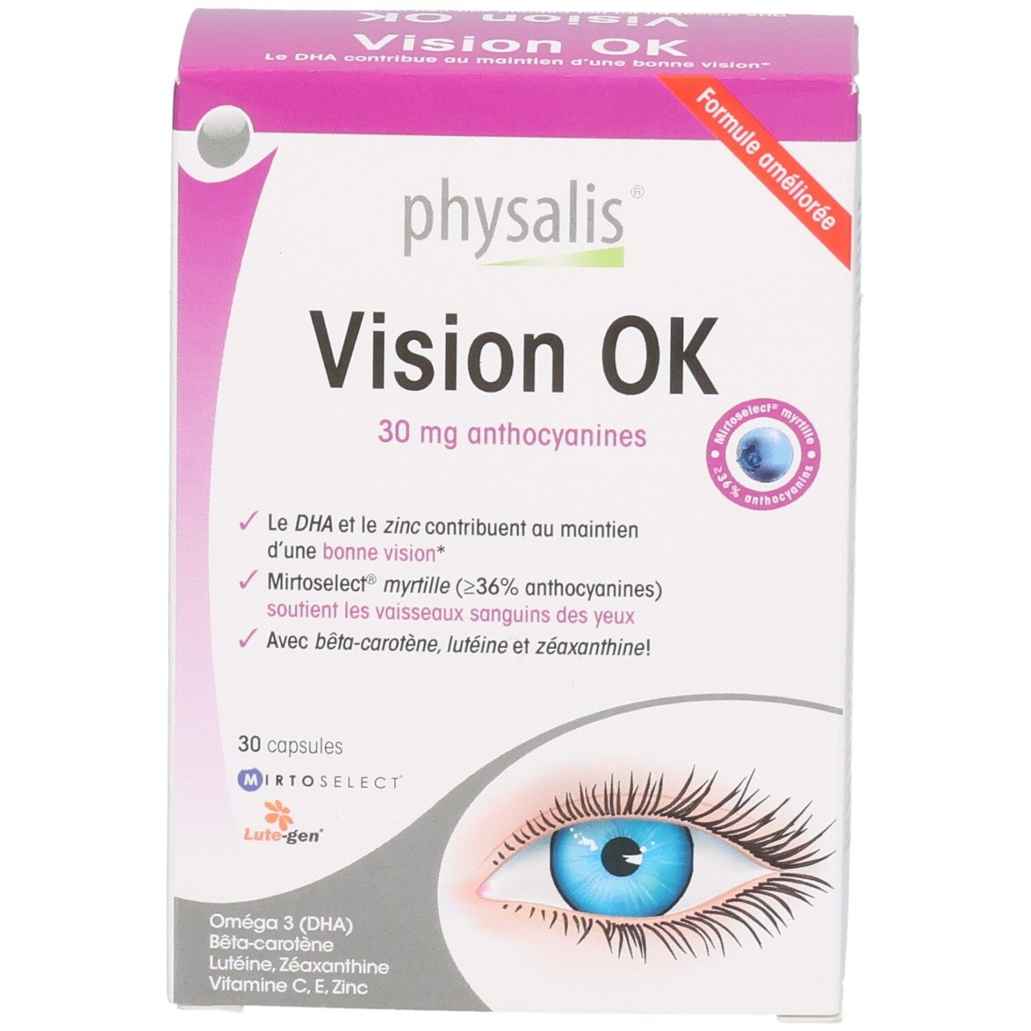 Physalis Vision OK Capsules: Verpakking met nadruk op ingrediënten en voordelen.