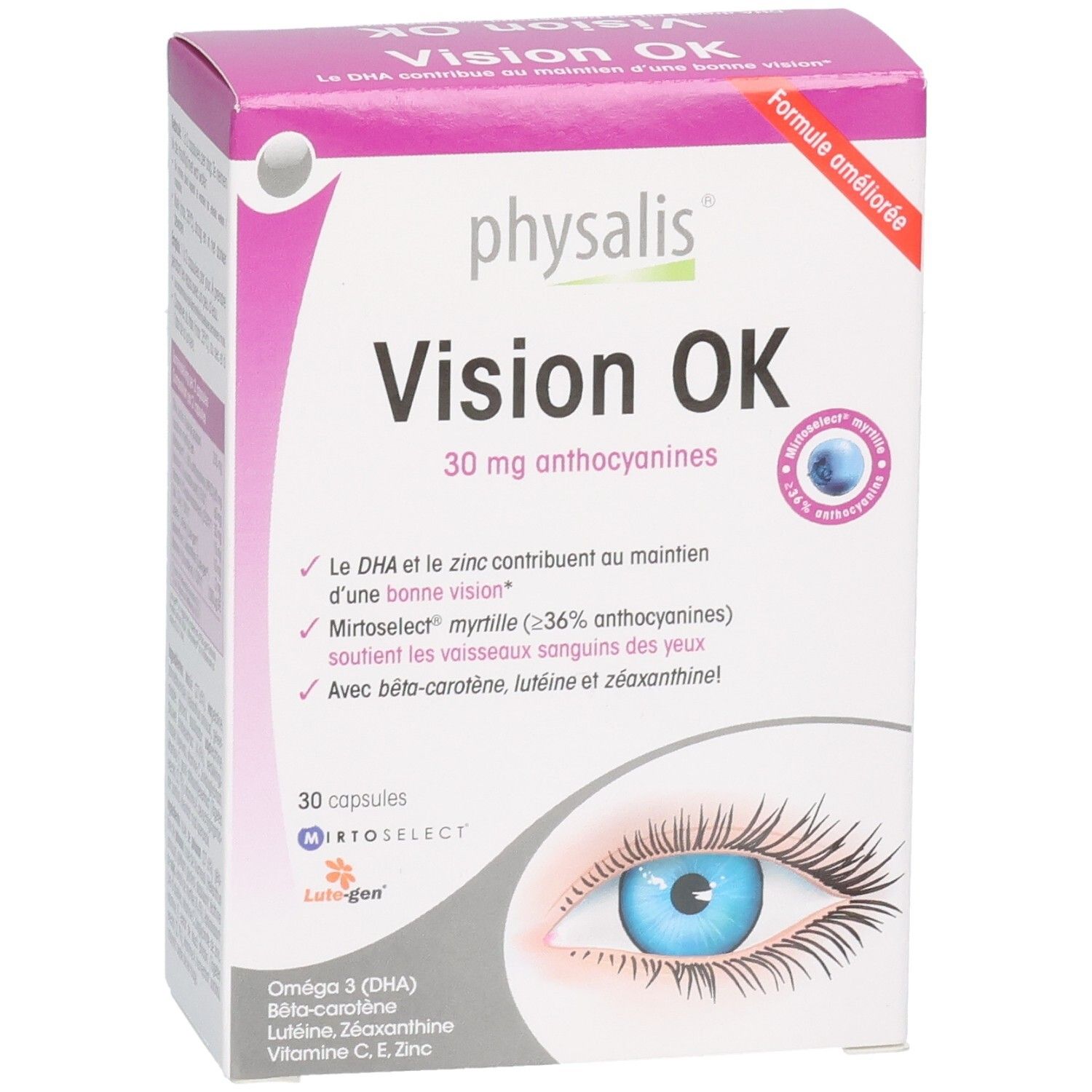Physalis Vision OK Capsules: Verpakking met nadruk op ingrediënten en voordelen.