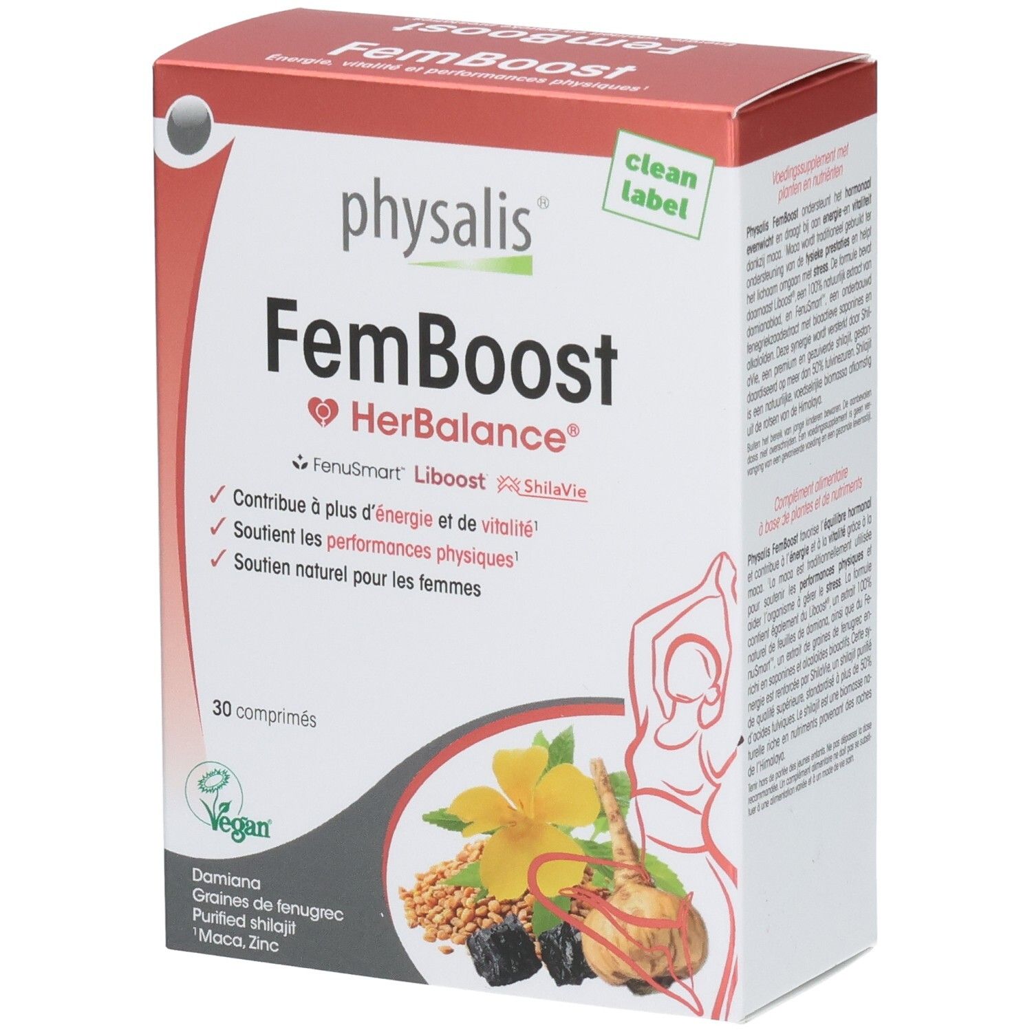 Doos Physalis FemBoost. Opschrift: FemBoost HerBalance, 30 tabletten. Bevat Damiana, fenegriekzaad, gezuiverde shilajit, Maca, Zink.