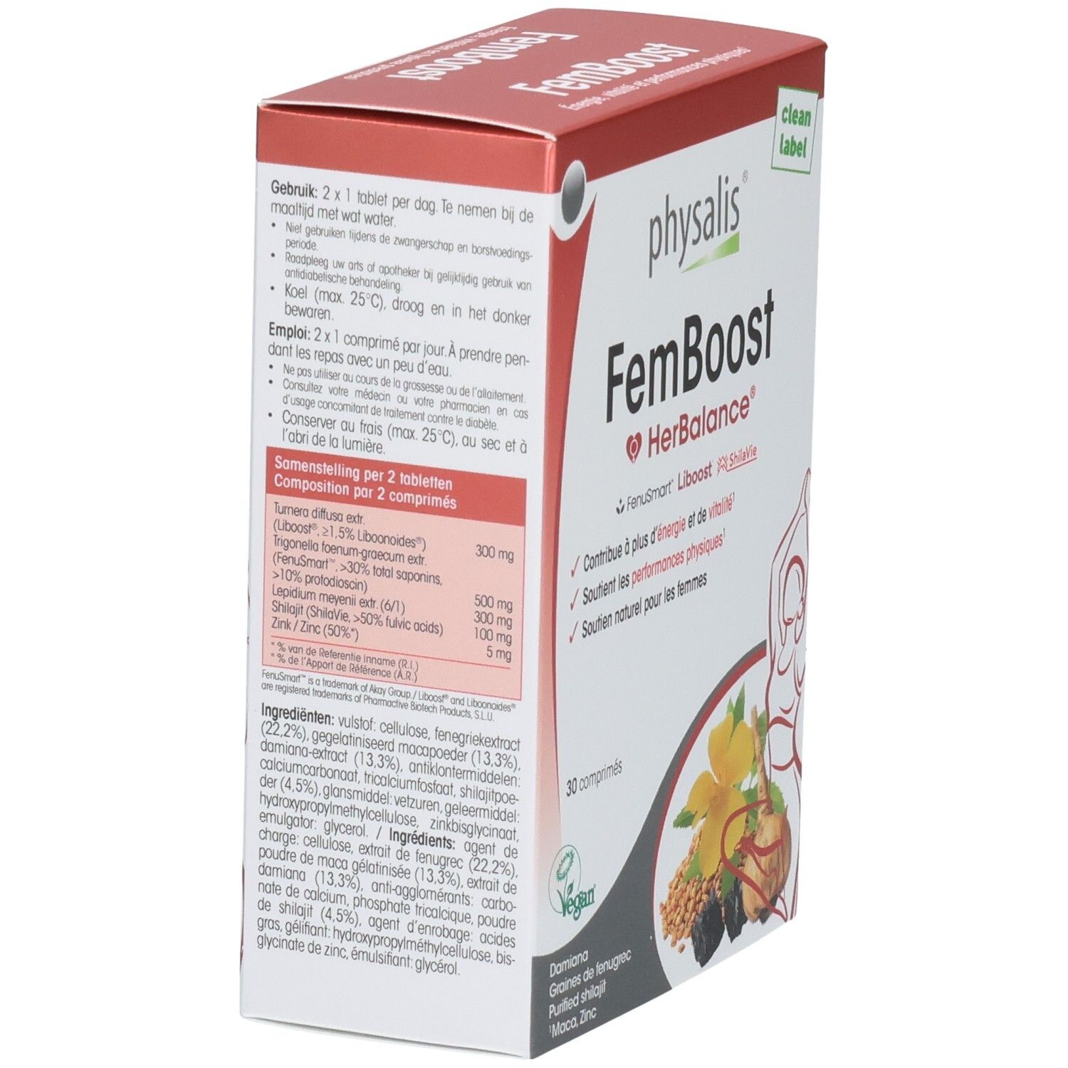Doos Physalis FemBoost. Opschrift: FemBoost HerBalance, 30 tabletten. Bevat Damiana, fenegriekzaad, gezuiverde shilajit, Maca, Zink. Tekst op achterkant.