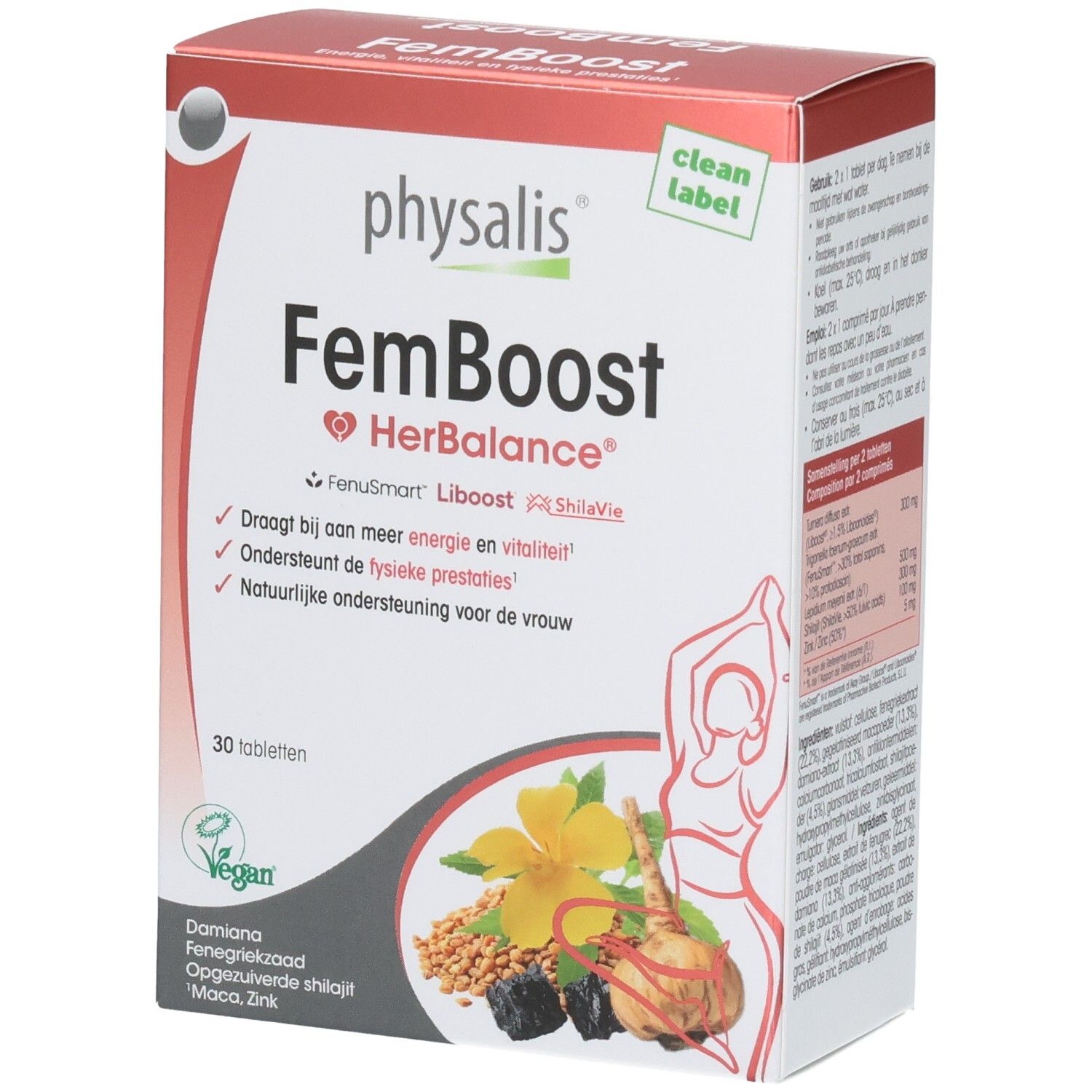 Doos Physalis FemBoost. Opschrift: FemBoost HerBalance, 30 tabletten. Bevat Damiana, fenegriekzaad, gezuiverde shilajit, Maca, Zink. Tekst op achterkant.