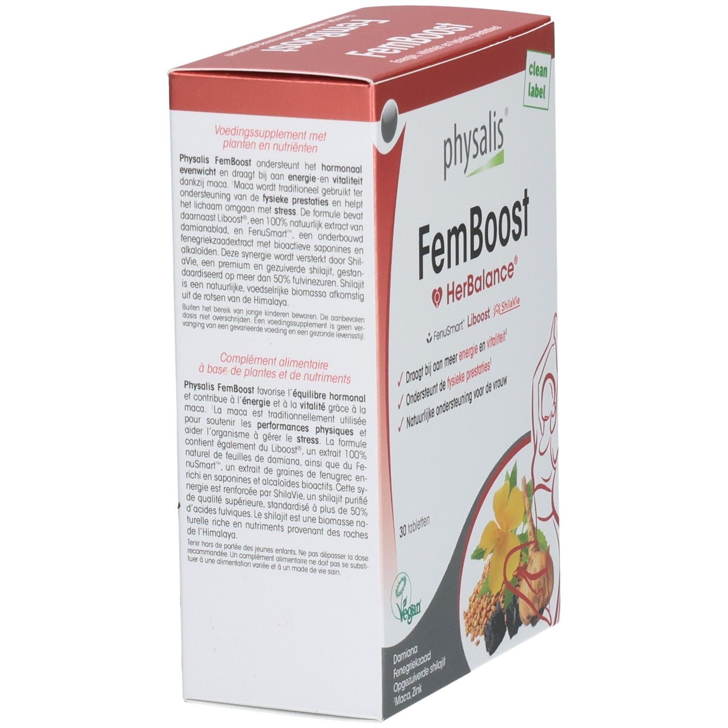 Doos Physalis FemBoost. Opschrift: FemBoost HerBalance, 30 tabletten. Bevat Damiana, fenegriekzaad, gezuiverde shilajit, Maca, Zink. Tekst op achterkant.