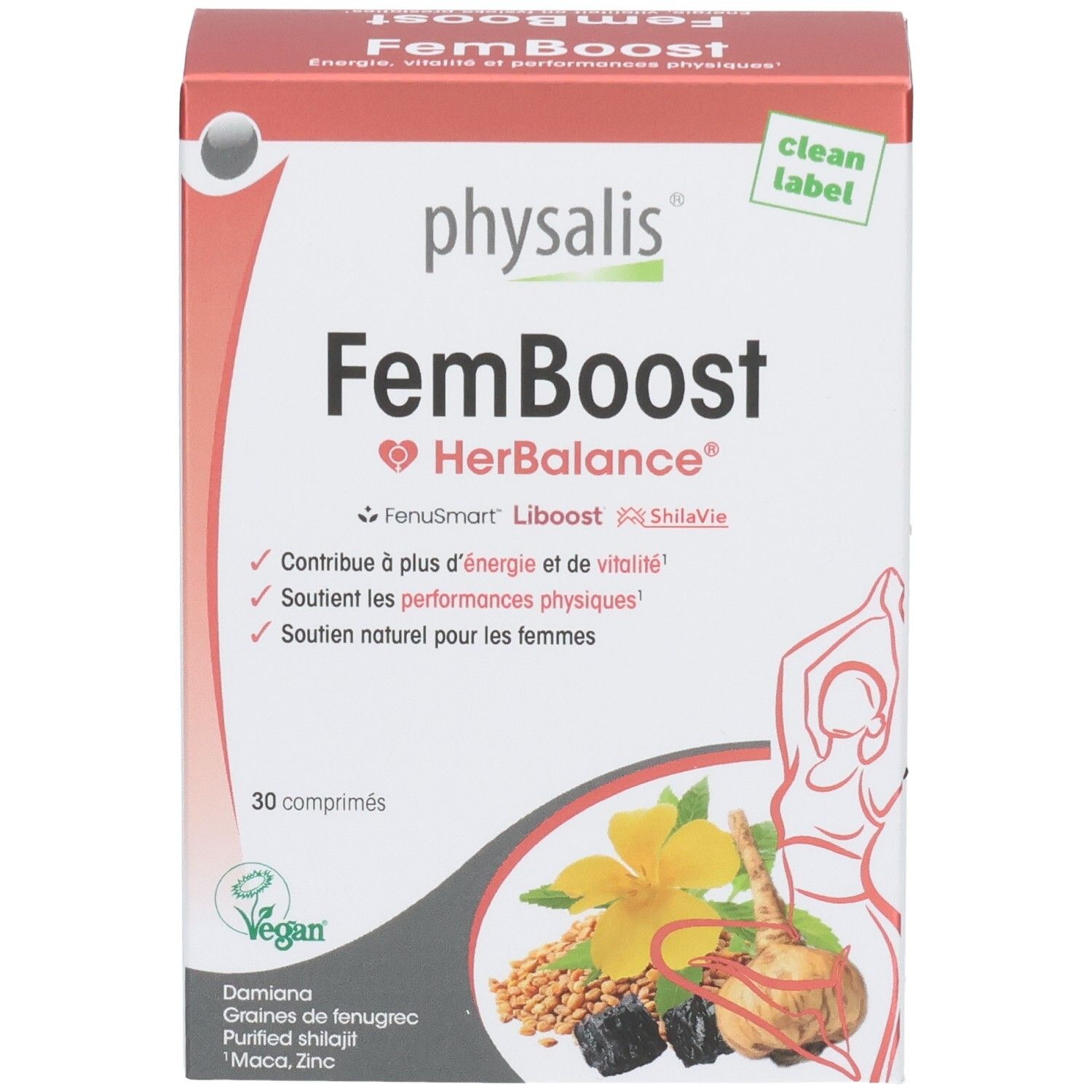 Doos Physalis FemBoost. Opschrift: FemBoost HerBalance, 30 tabletten. Bevat Damiana, fenegriekzaad, gezuiverde shilajit, Maca, Zink.