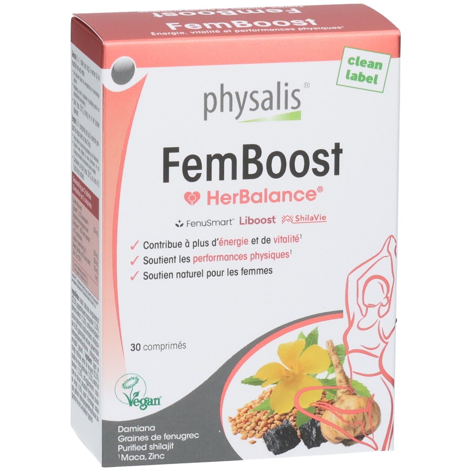 Doos Physalis FemBoost. Opschrift: FemBoost HerBalance, 30 tabletten. Bevat Damiana, fenegriekzaad, gezuiverde shilajit, Maca, Zink.