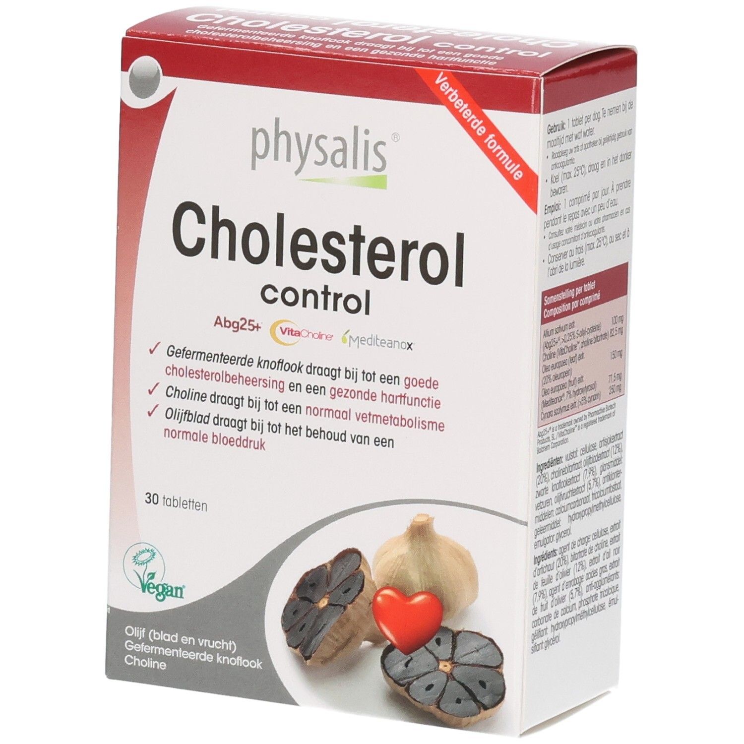 Doos Physalis Cholesterol Control Tabl 30. Bevat 30 tabletten. Afbeelding van knoflook en een hart.