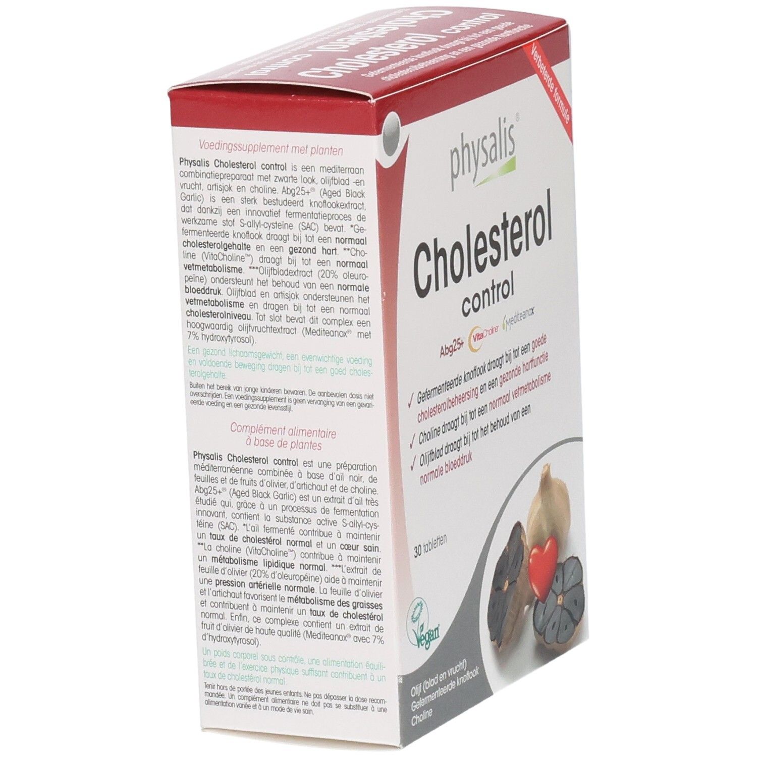 Doos Physalis Cholesterol Control Tabl 30. Bevat 30 tabletten. Zijaanzicht. Knoflook en hart.