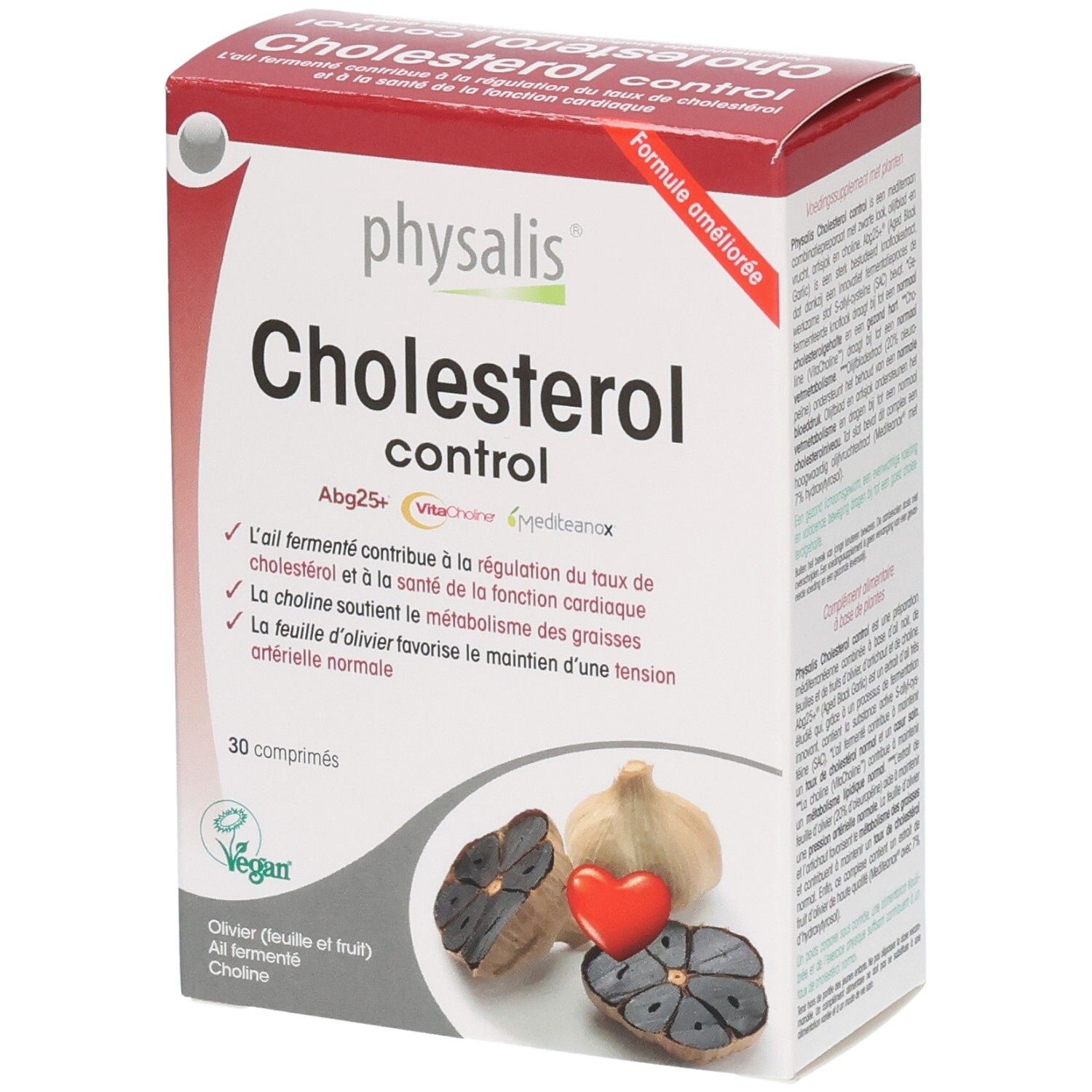Doos Physalis Cholesterol Control Tabl 30. Bevat 30 tabletten. Knoflook en hart afgebeeld.