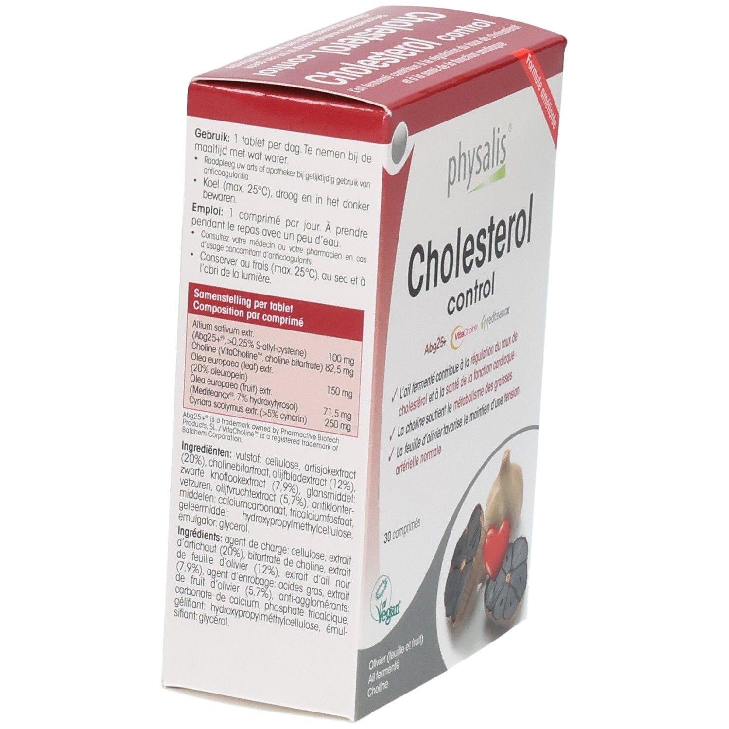 Doos Physalis Cholesterol Control Tabl 30. Bevat 30 tabletten. Detail van de ingrediënten.