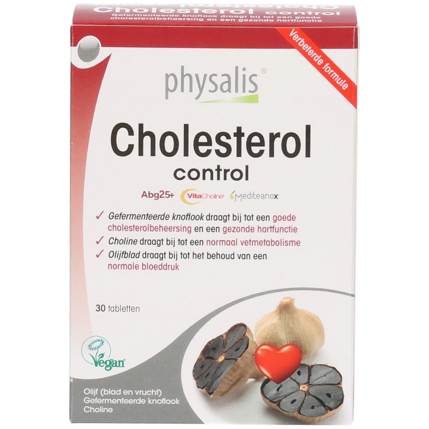 Doos Physalis Cholesterol Control Tabl 30. Bevat 30 tabletten. Knoflook en hart afgebeeld.