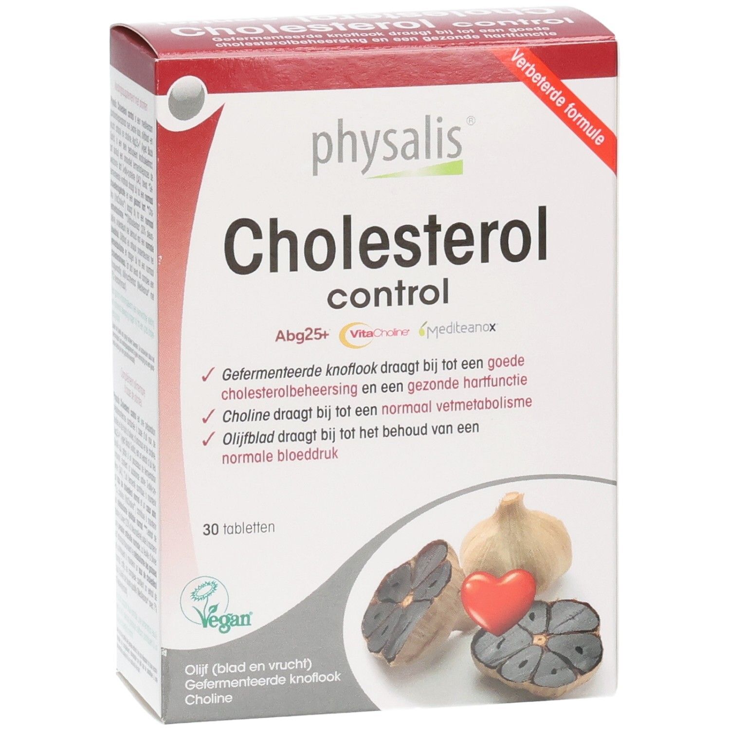 Doos Physalis Cholesterol Control Tabl 30. Bevat 30 tabletten. Knoflook en hart afgebeeld.