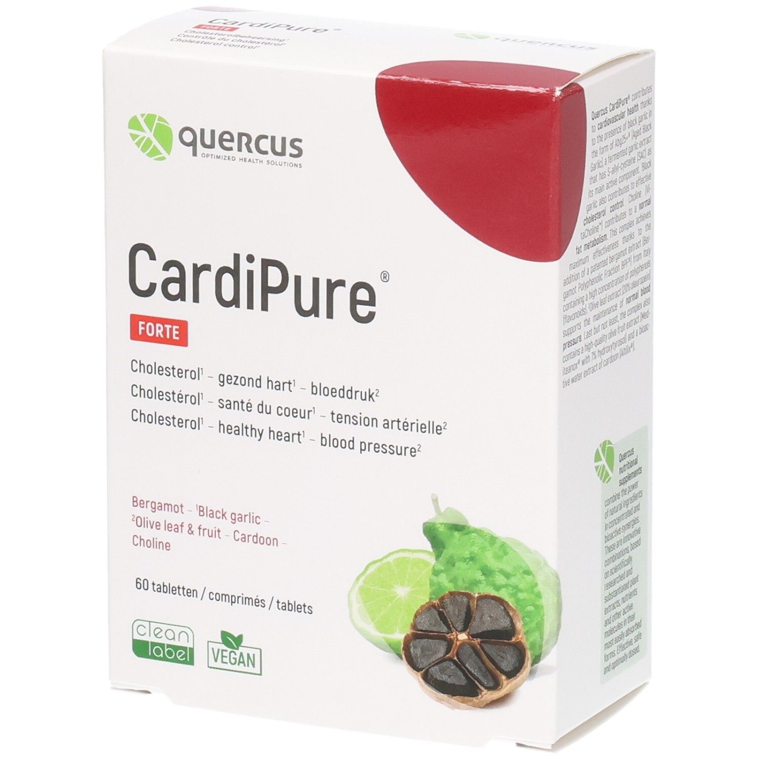 Witte doos Quercus CardiPure Forte. Bevat 60 tabletten. Afbeeldingen van bergamot, zwarte knoflook en limoen.
