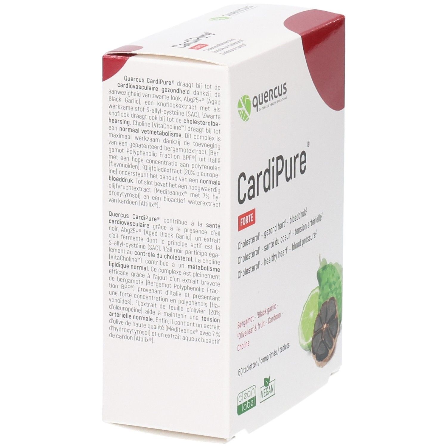 Witte doos Quercus CardiPure Forte, zijaanzicht. Bevat 60 tabletten. Bergamot, zwarte knoflook en limoen afgebeeld.