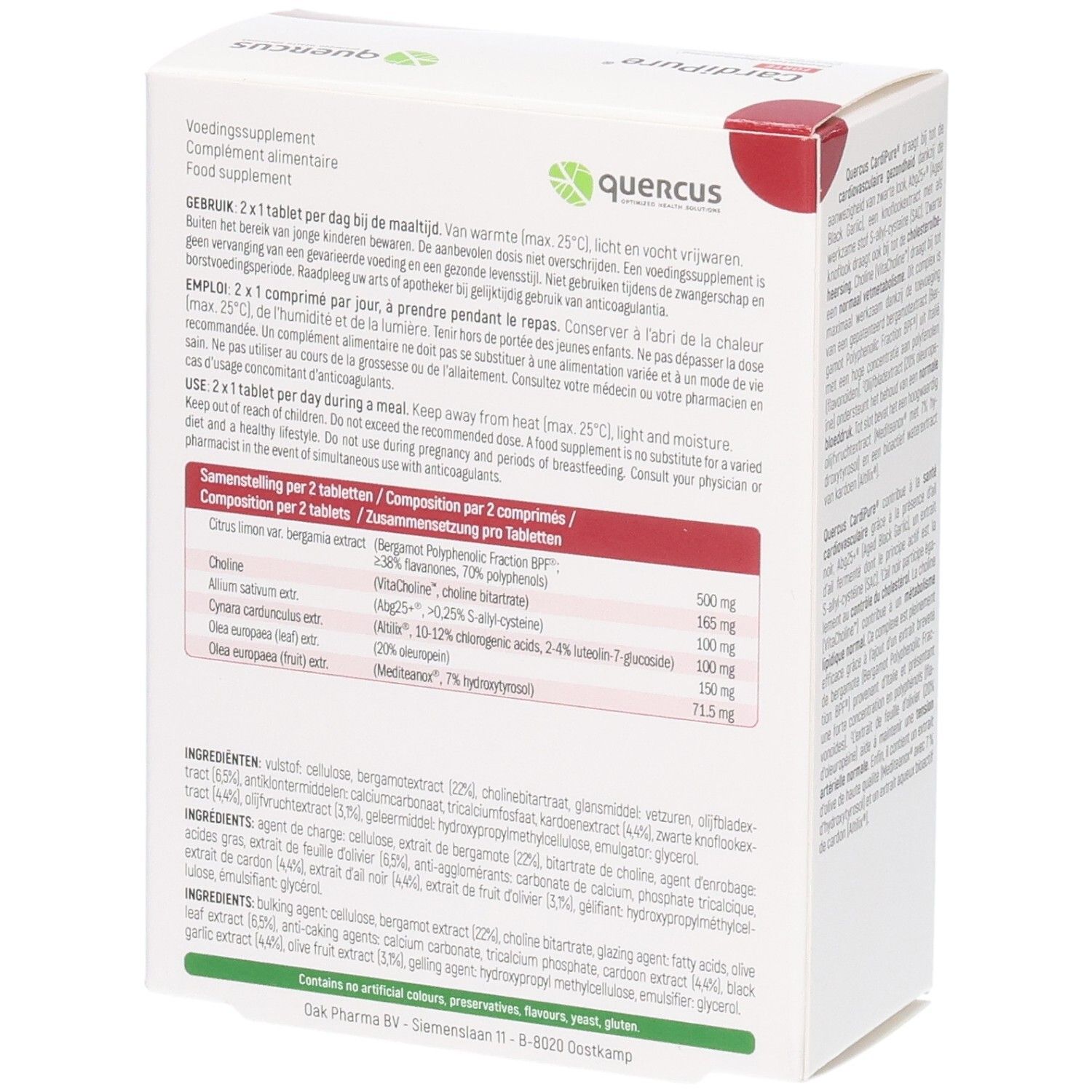 Achterkant van de Quercus CardiPure Forte verpakking. Bevat informatie over ingrediënten en dosering. 60 tabletten.
