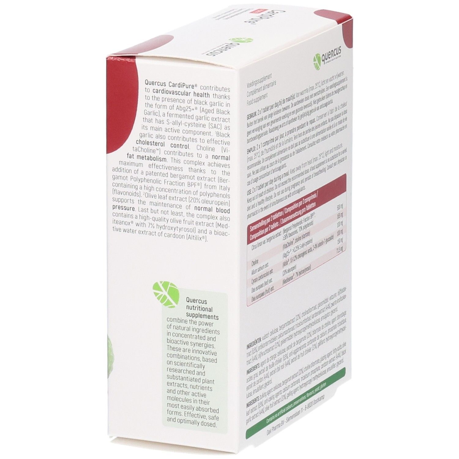 Witte doos Quercus CardiPure Forte, zijaanzicht. Bevat 60 tabletten. Bergamot, zwarte knoflook en limoen afgebeeld.
