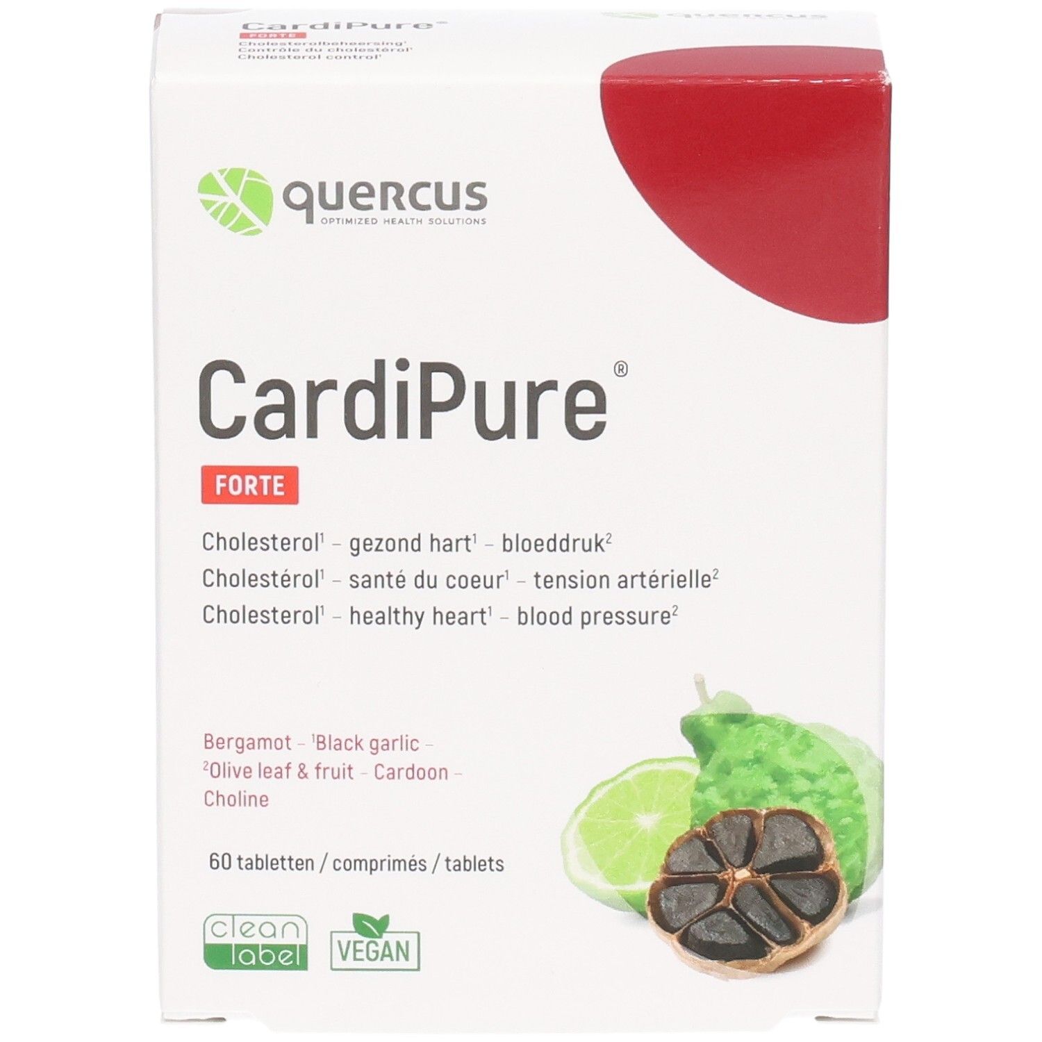 Witte doos Quercus CardiPure Forte. Bevat 60 tabletten. Afbeeldingen van bergamot, zwarte knoflook en limoen.