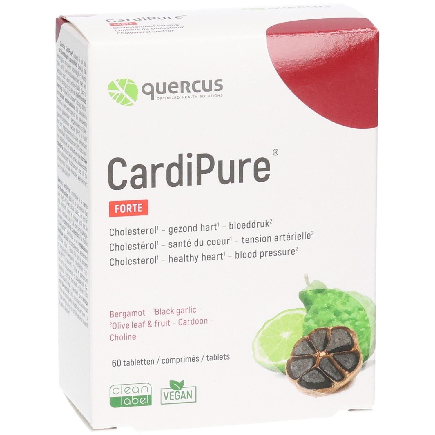 Witte doos Quercus CardiPure Forte. Bevat 60 tabletten. Afbeeldingen van bergamot, zwarte knoflook en limoen.