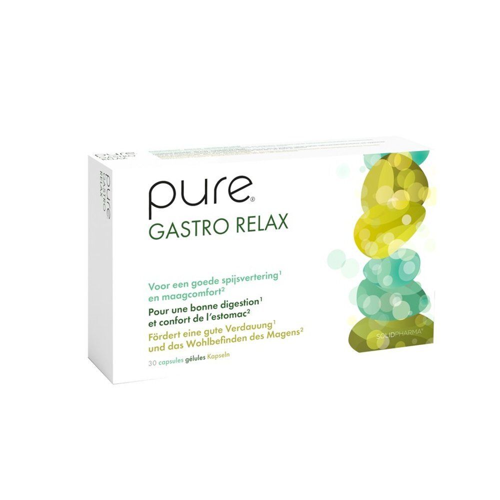 Verpakking Pure Gastro Relax met 10 capsules. Tekst in het Duits, Nederlands, Frans en Italiaans.