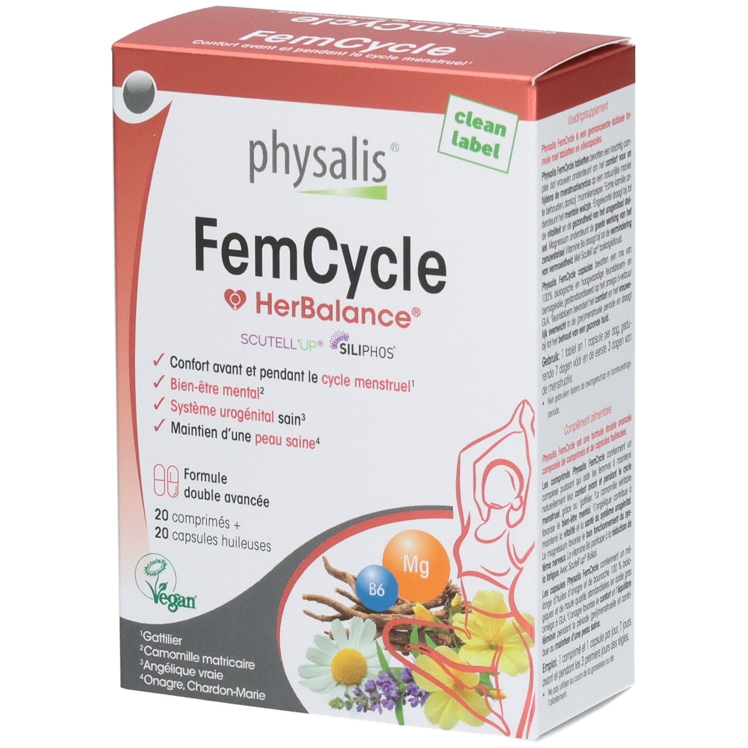 Boîte FemCycle HerBalance, 20 comprimés + 20 capsules huileuses. Ingrédients : Gattilier, Camomille, Onagre, Chardon-Marie. Vegan.