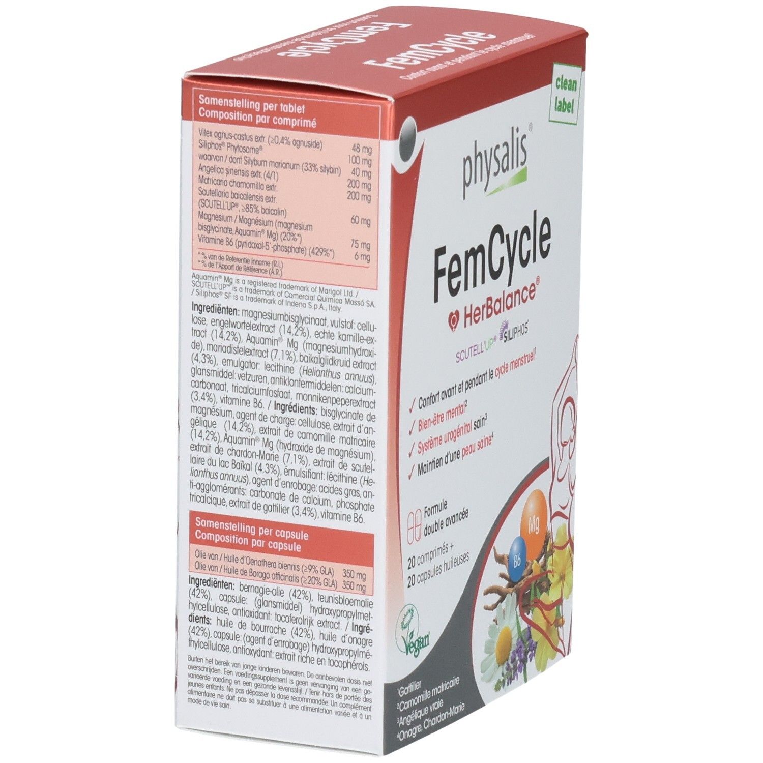 Dos de la boîte FemCycle. Ingrédients par comprimé et capsule. Contient Gattilier, Camomille, Onagre, Chardon-Marie. Vegan.
