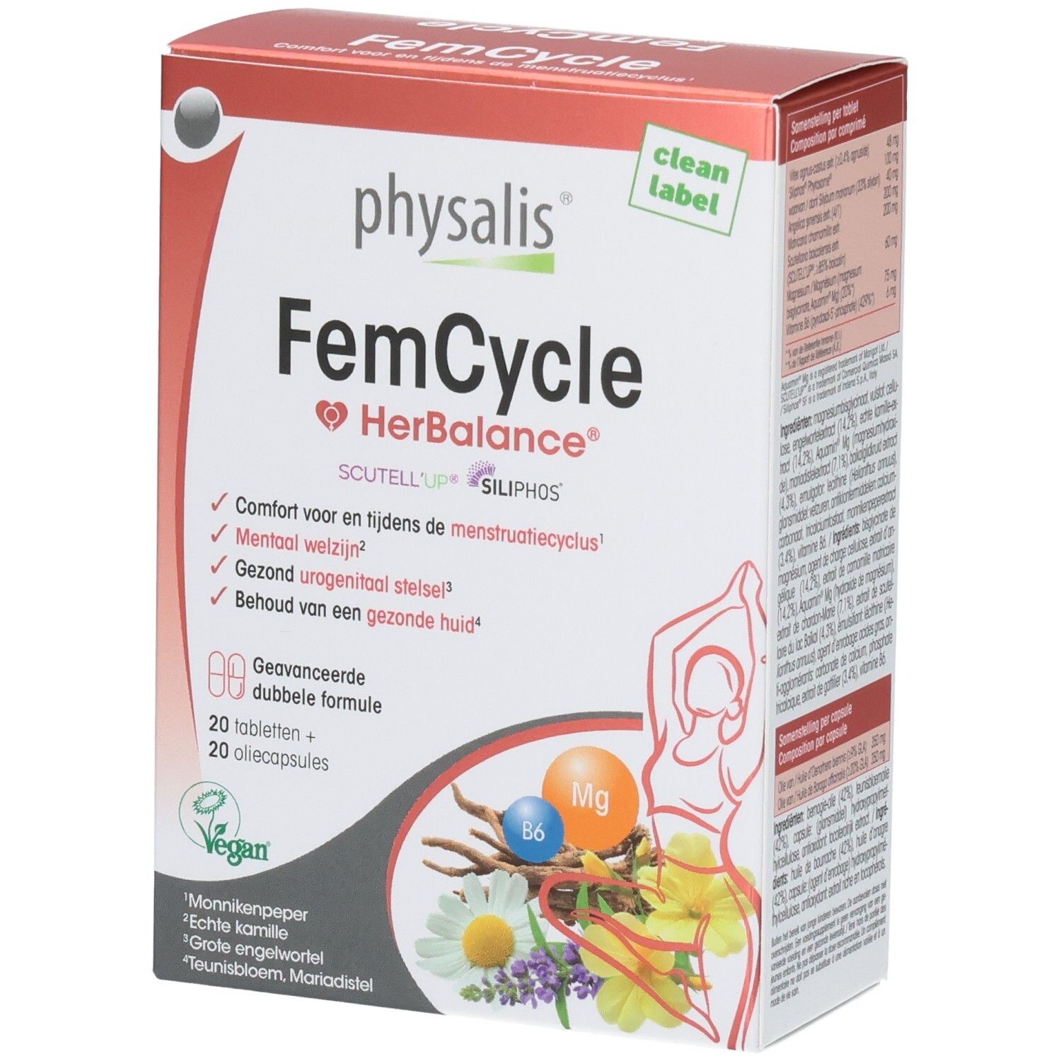 Boîte FemCycle HerBalance, 20 comprimés + 20 capsules huileuses. Ingrédients : Gattilier, Camomille, Onagre, Chardon-Marie. Vegan.