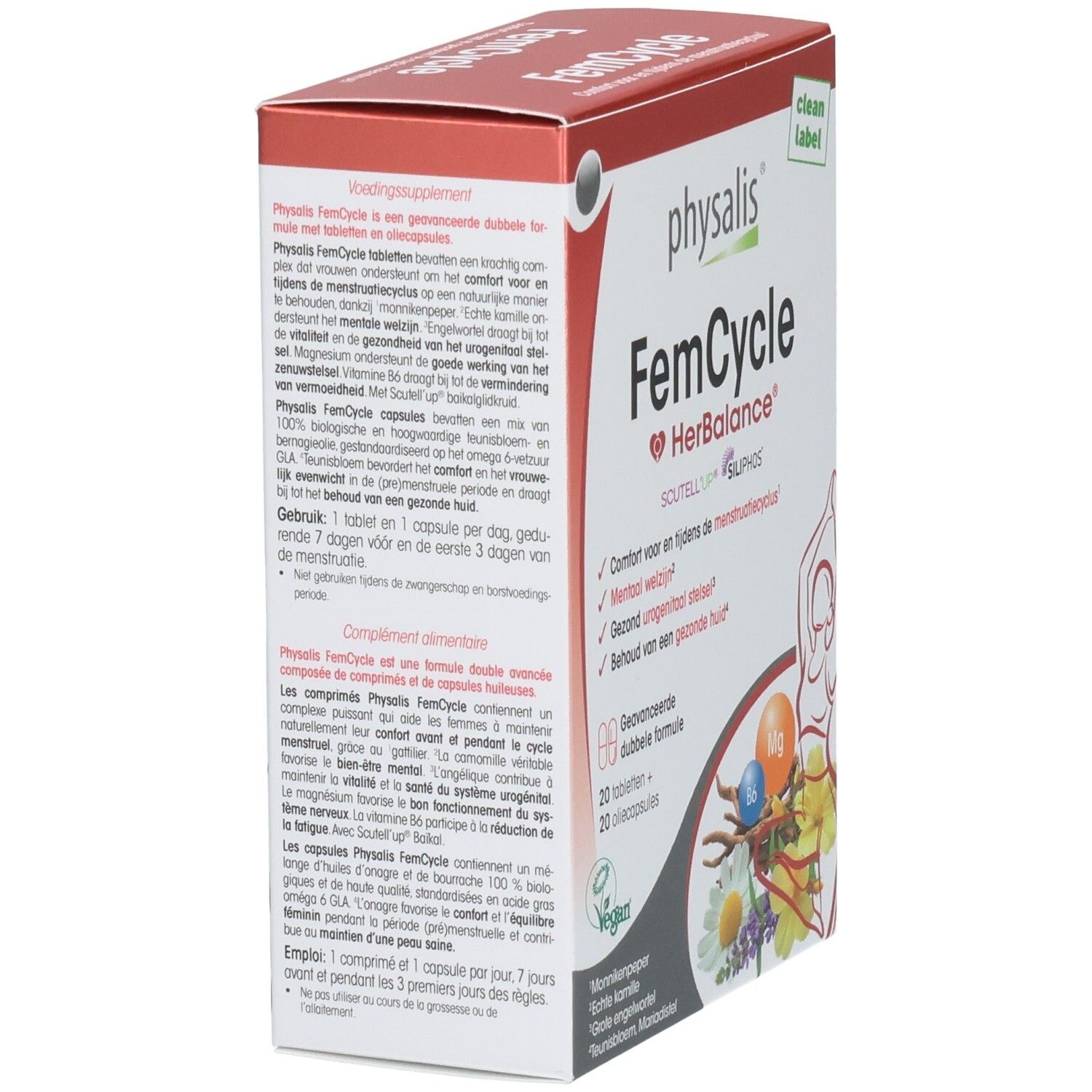 Boîte FemCycle avec informations produit. 20 comprimés + 20 capsules huileuses. Ingrédients : Gattilier, Camomille, Onagre, Chardon-Marie. Vegan.