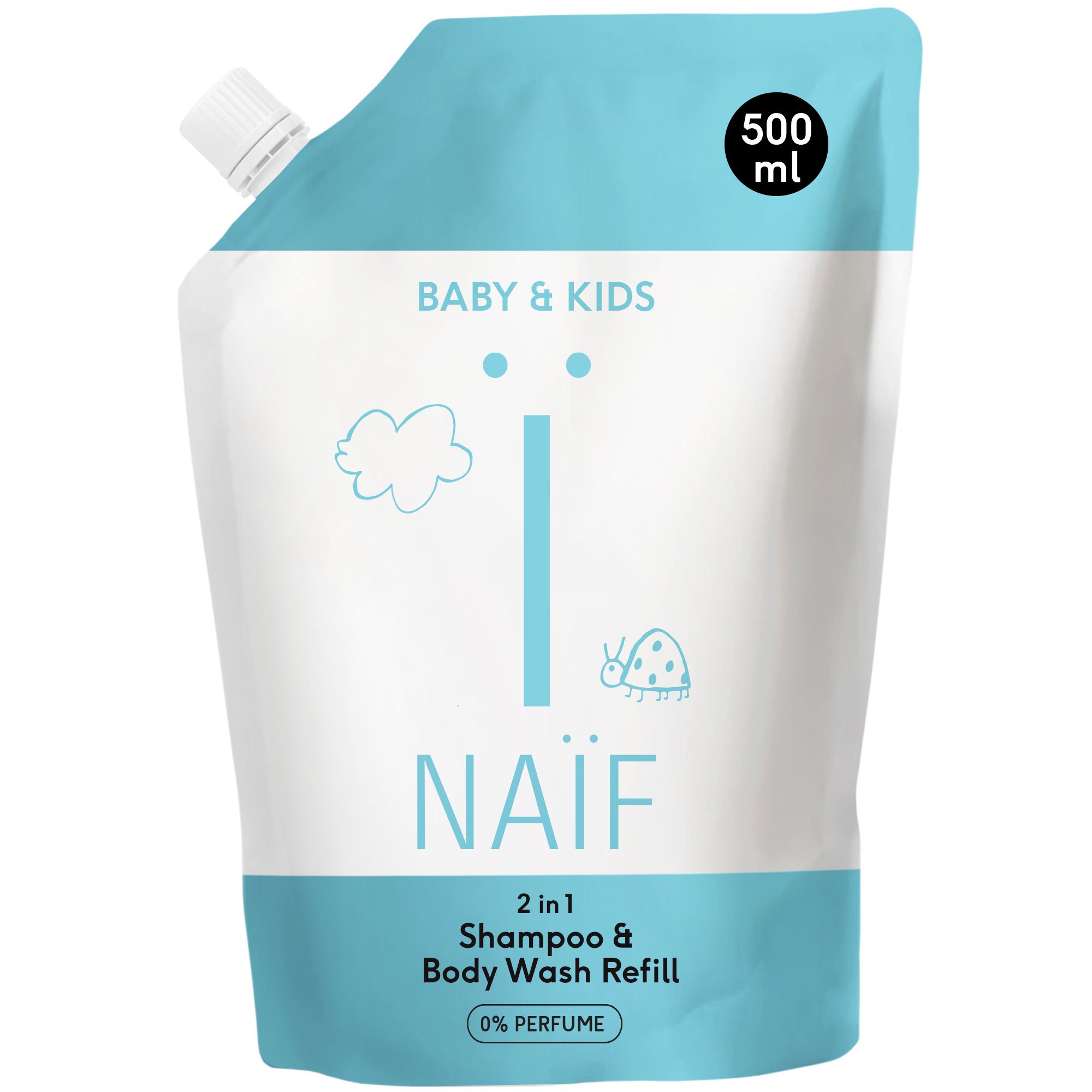 Navulverpakking voor Baby & Kids Shampoo & Body Wash. Lichtblauwe en witte verpakking met tuit. 500 ml.
