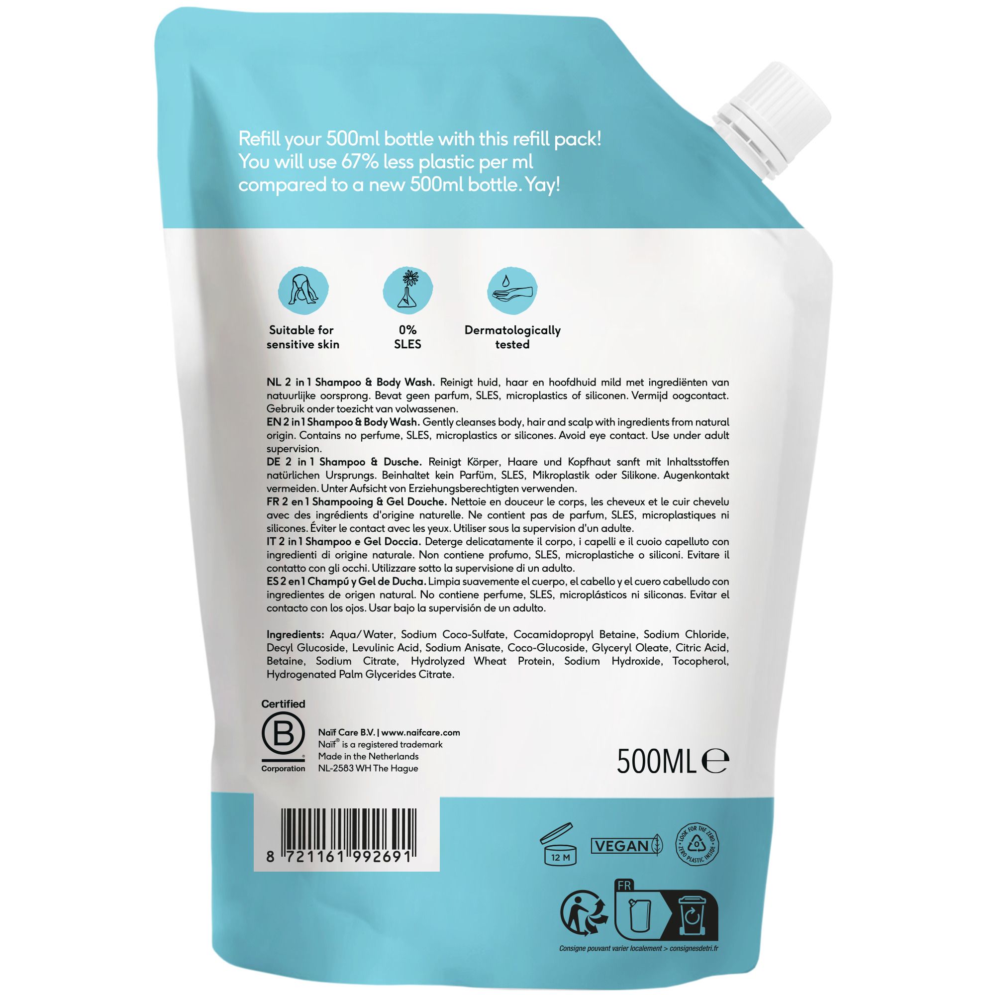 Achterkant van de navulverpakking. Bevat informatie over ingrediënten en certificeringen. 500ml. Vegan logo.