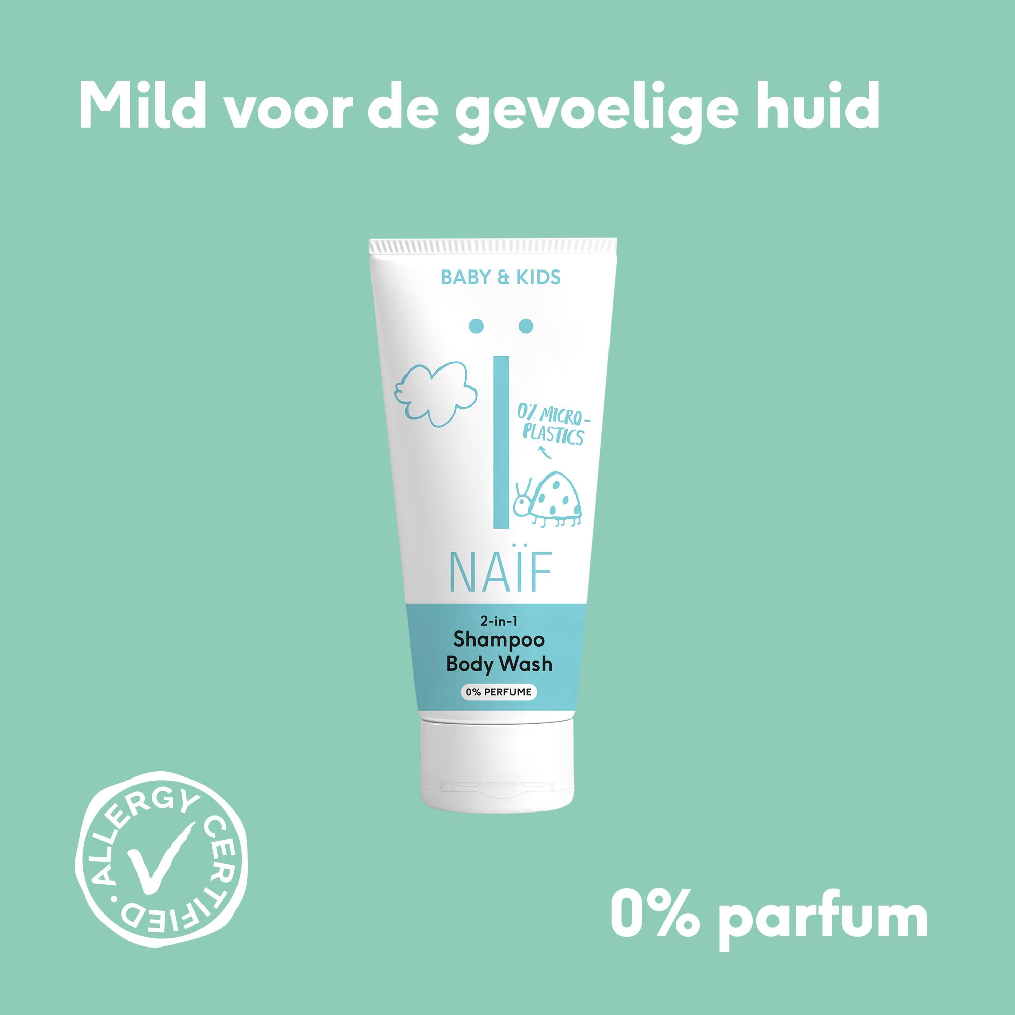 Baby in bad. Tekst: Dermatologisch getest. 0% alcohol, microplastic, SLES.