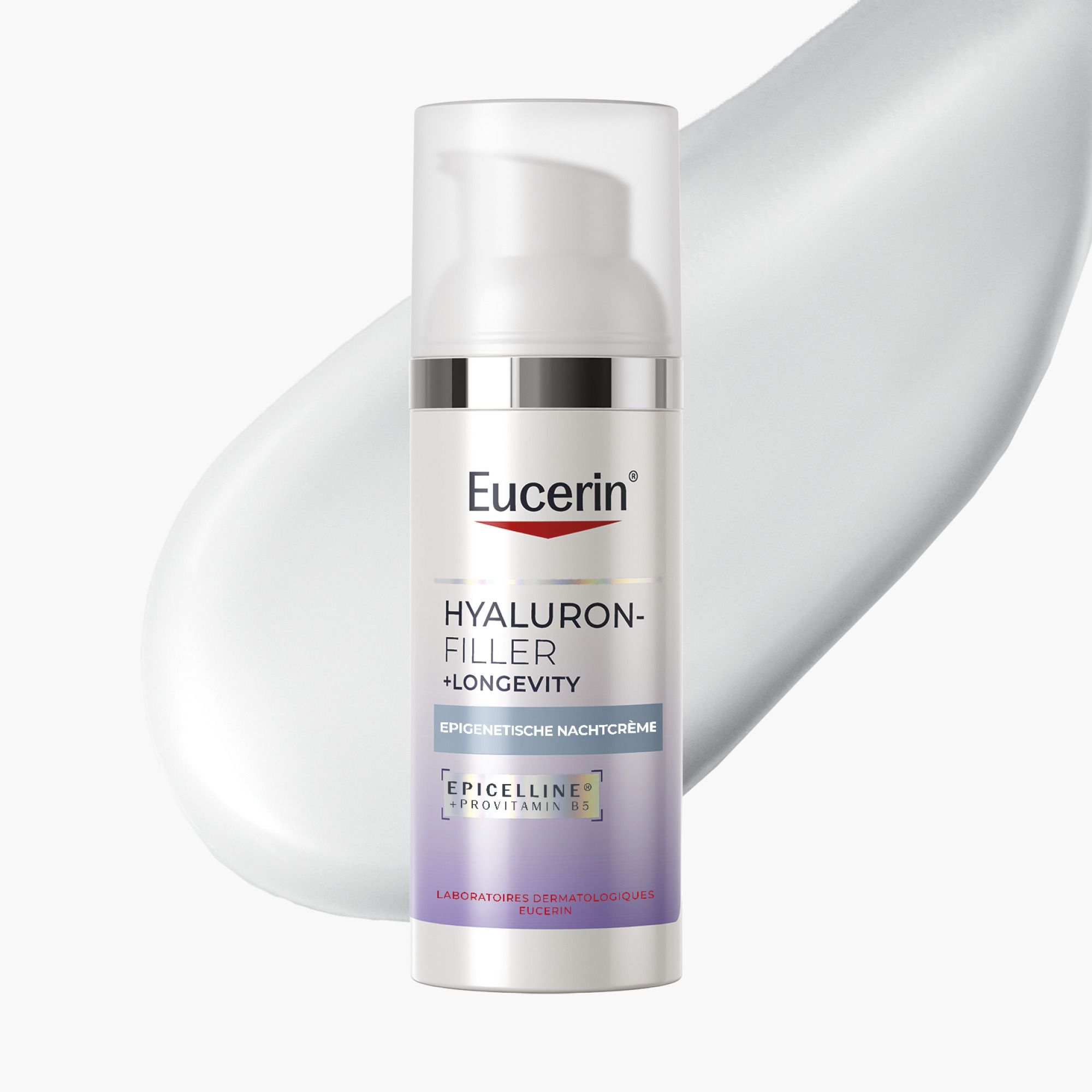 Achterkant van de Eucerin Hyaluron-Filler + Longevity Nachtcrème flacon.