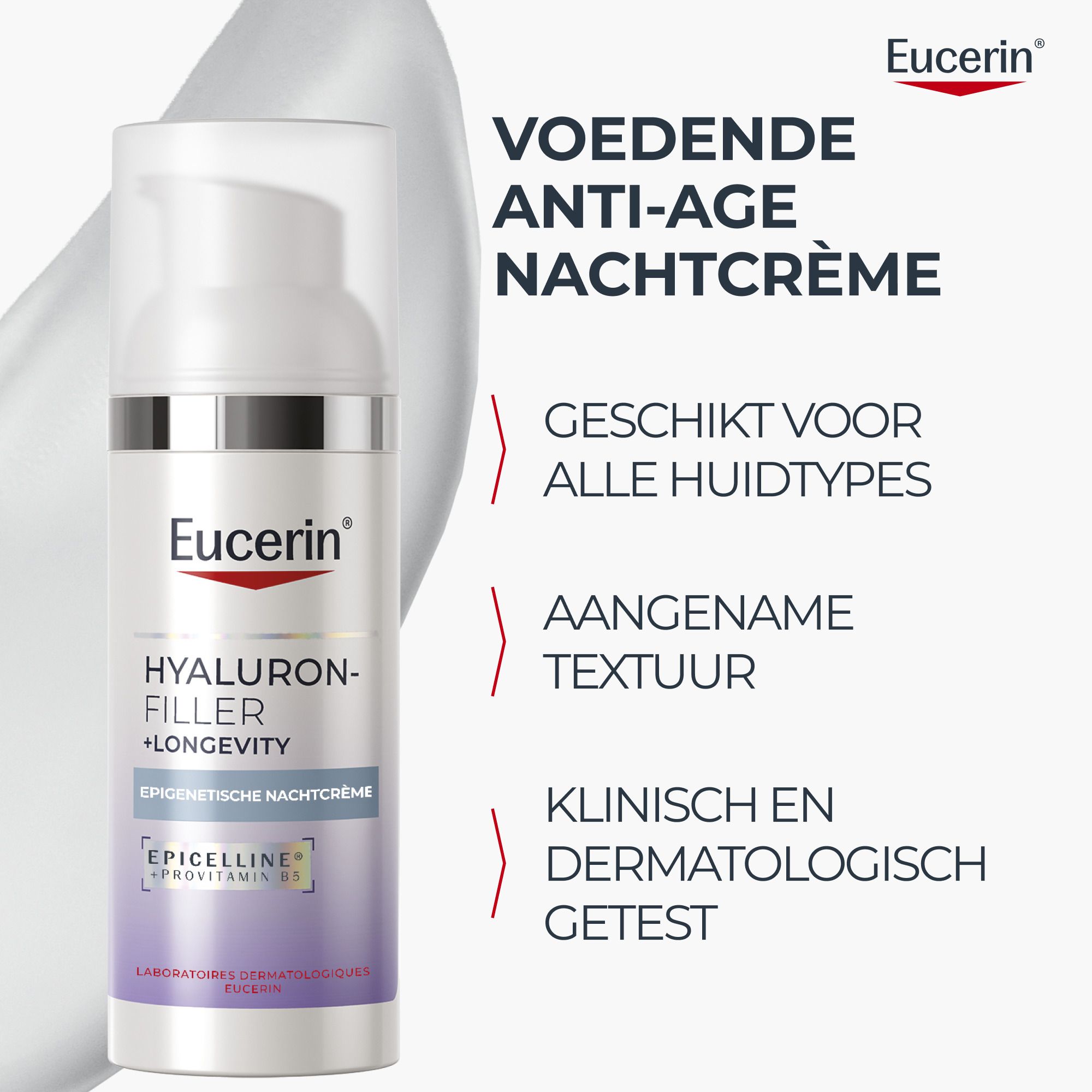 Zijaanzicht van de Eucerin Hyaluron-Filler + Longevity Nachtcrème flacon.