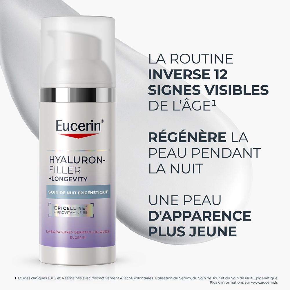 Flacon Eucerin Hyaluron-Filler + Longevity Soin de Nuit avec pompe, face avant.