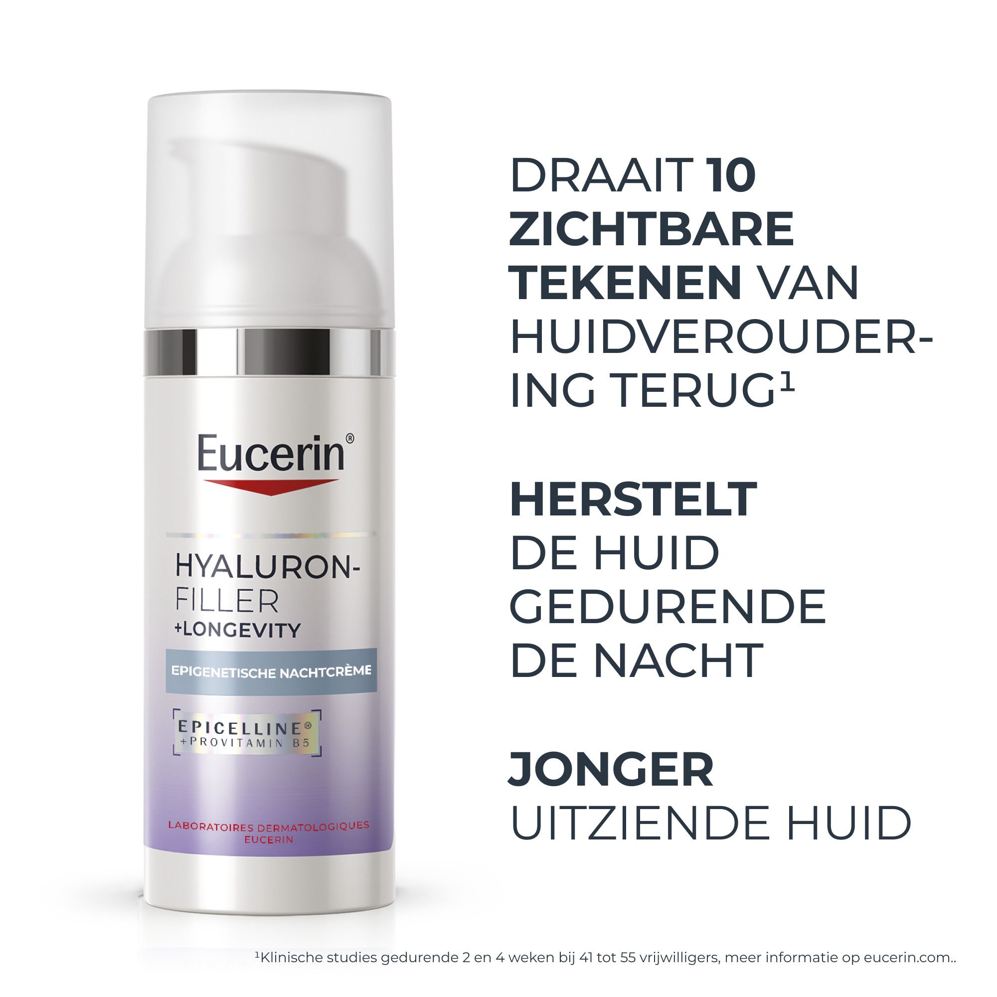 Eucerin Hyaluron-Filler + Longevity Nachtcrème flacon met pompje, voorkant.