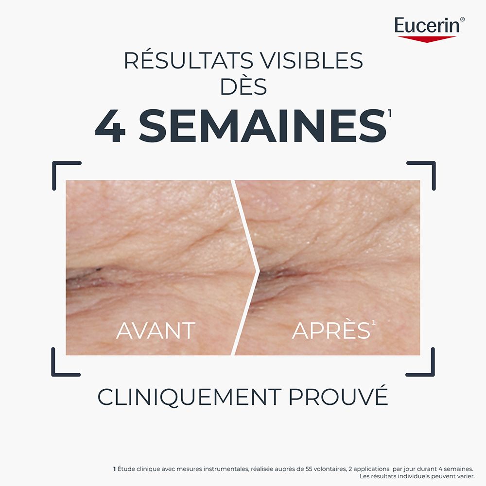 Flacon Eucerin Hyaluron-Filler + Longevity Soin de Nuit avec pompe, vue latérale.