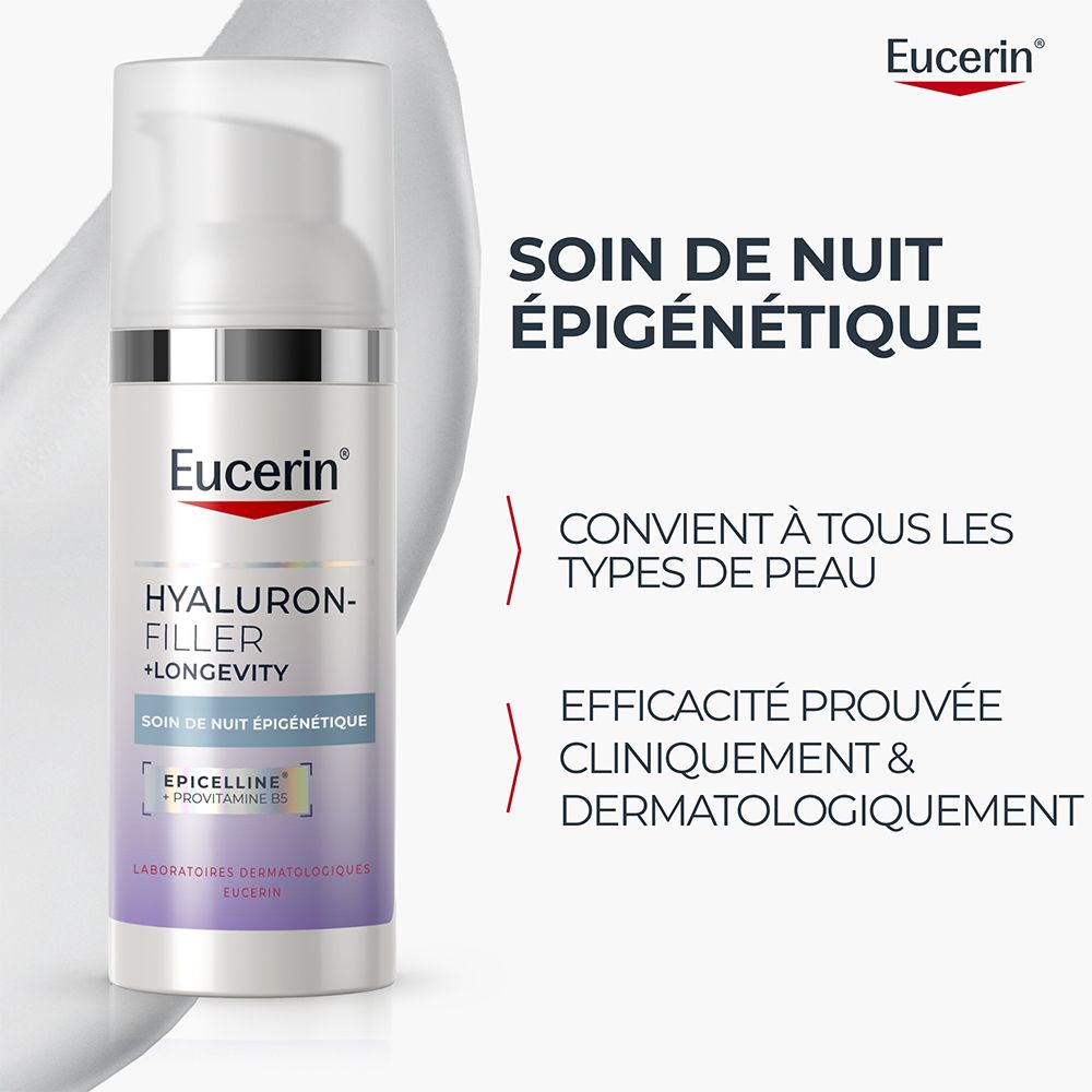 Flacon Eucerin Hyaluron-Filler + Longevity Soin de Nuit avec pompe, face avant.