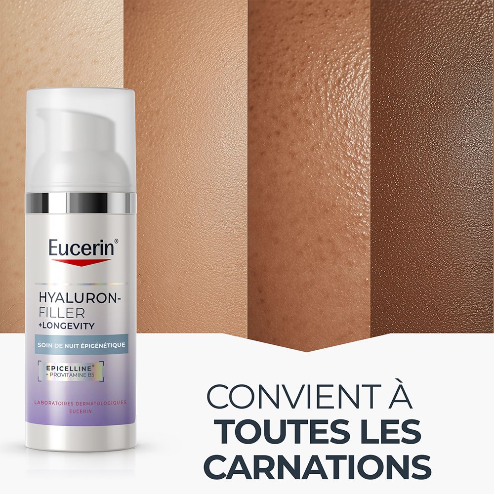 Flacon Eucerin Hyaluron-Filler + Longevity Soin de Nuit, 50ml, avec pompe.