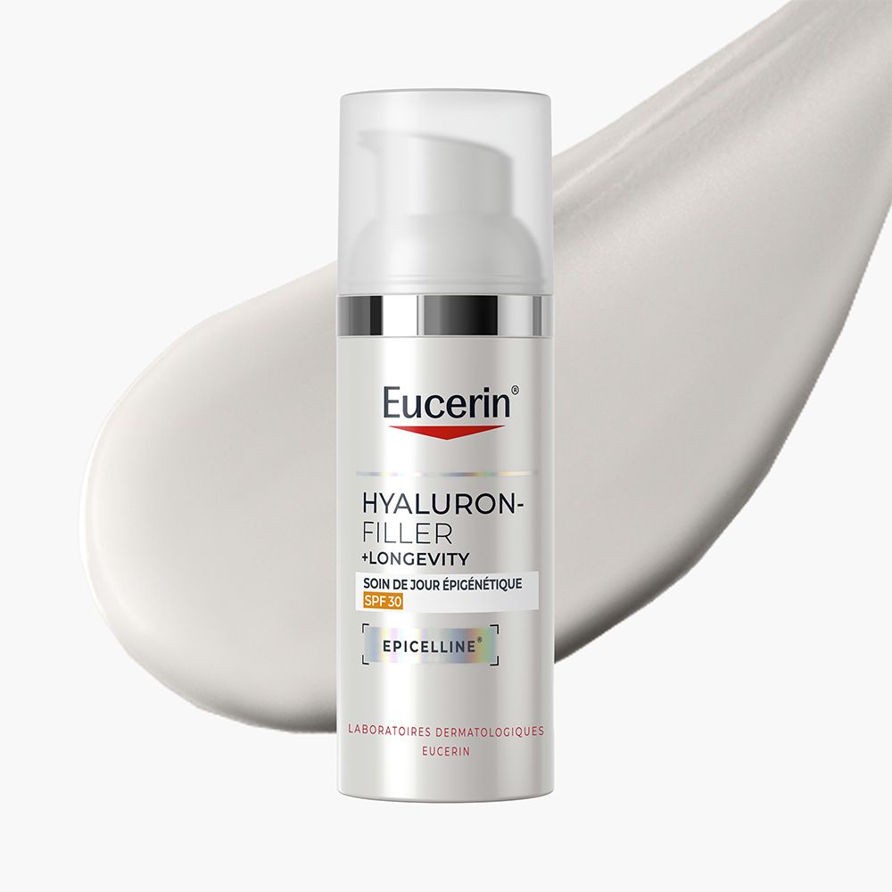Eucerin Hyaluron-Filler + Longevity Soin de Jour SPF 30, verso avec informations produit.