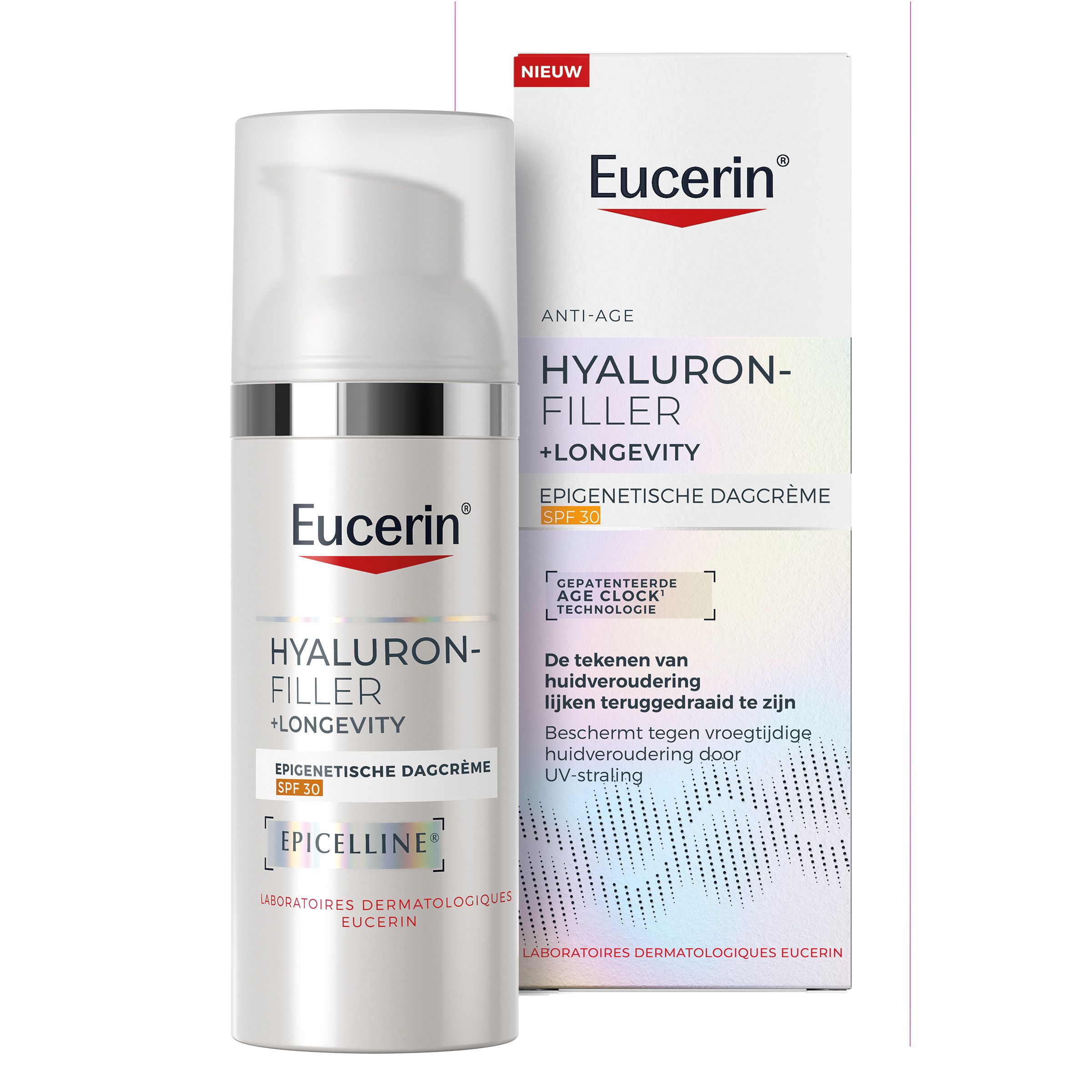Eucerin Hyaluron-Filler + Longevity Dagcrème SPF 30, achterkant met productinformatie.