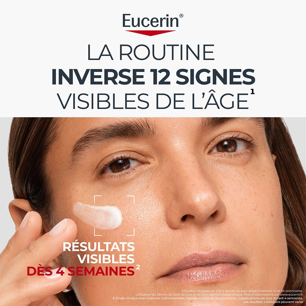 Eucerin Hyaluron-Filler + Longevity Soin de Jour SPF 30, verso avec conseils d'utilisation.
