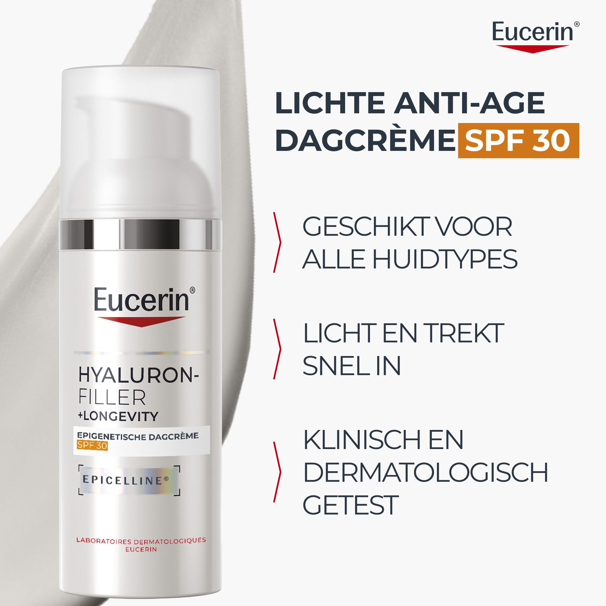 Eucerin Hyaluron-Filler + Longevity Dagcrème SPF 30, achterkant met gebruiksadvies.